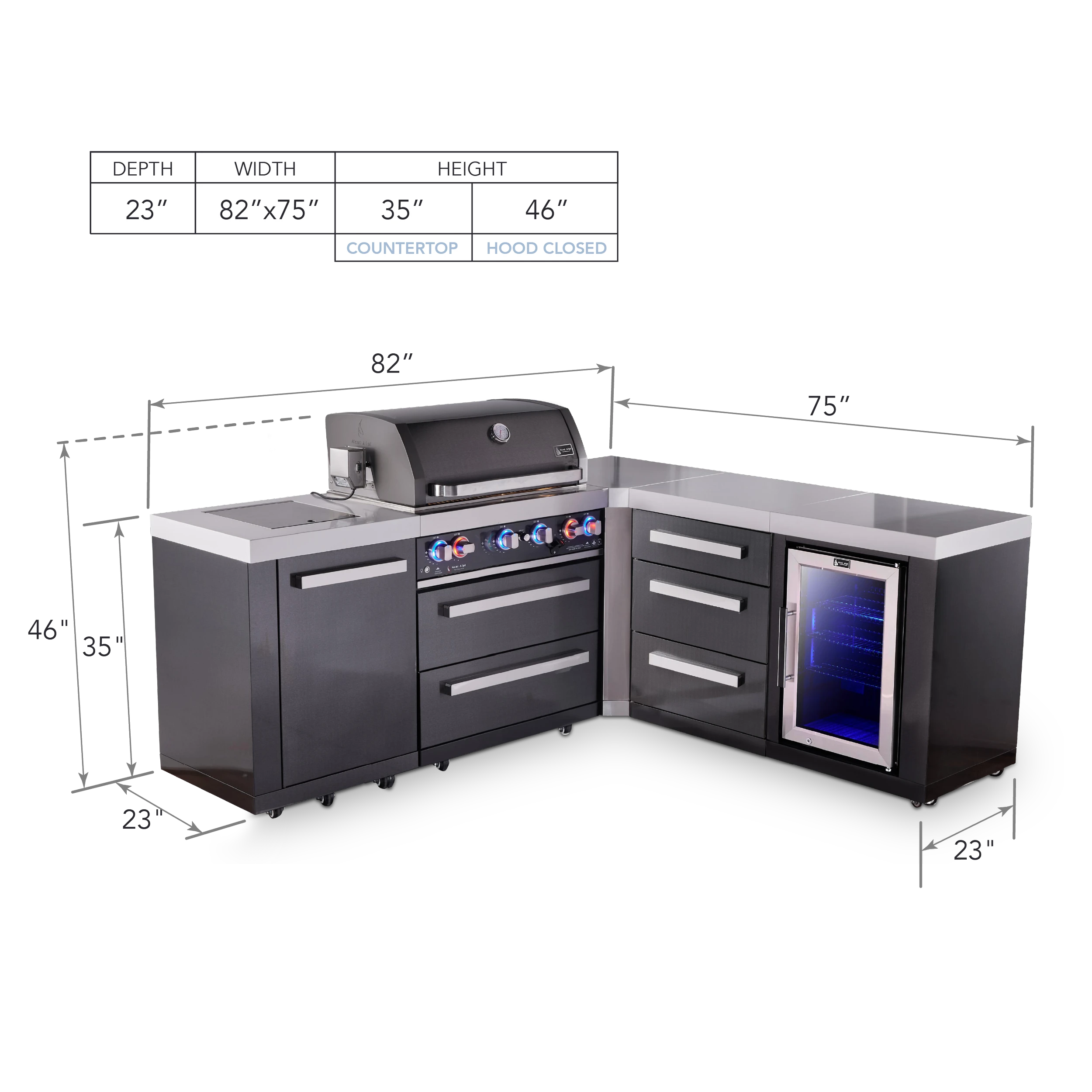 4-burner L-shaped Black Series Outdoor Kitchen Island With 90-degree Corner, Fridge Module And Xl Extra Drawer Slides Cabinet MAI400BSS90FCDR