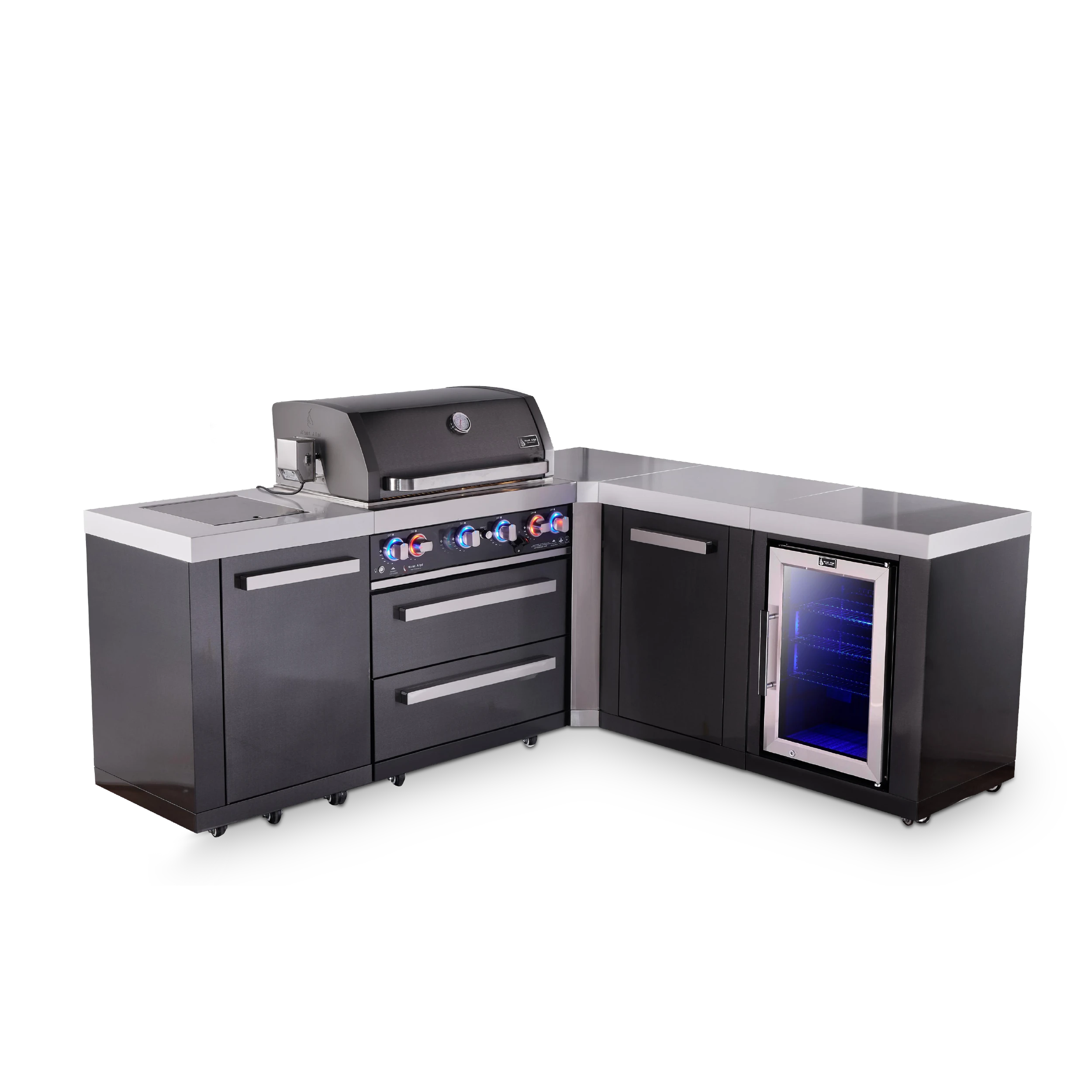 4-burner L-shaped Black Series Outdoor Kitchen Island With 90-degree Corner, Fridge Module And Xl Extra Storage Cabinet MAI400BSS90FCXL