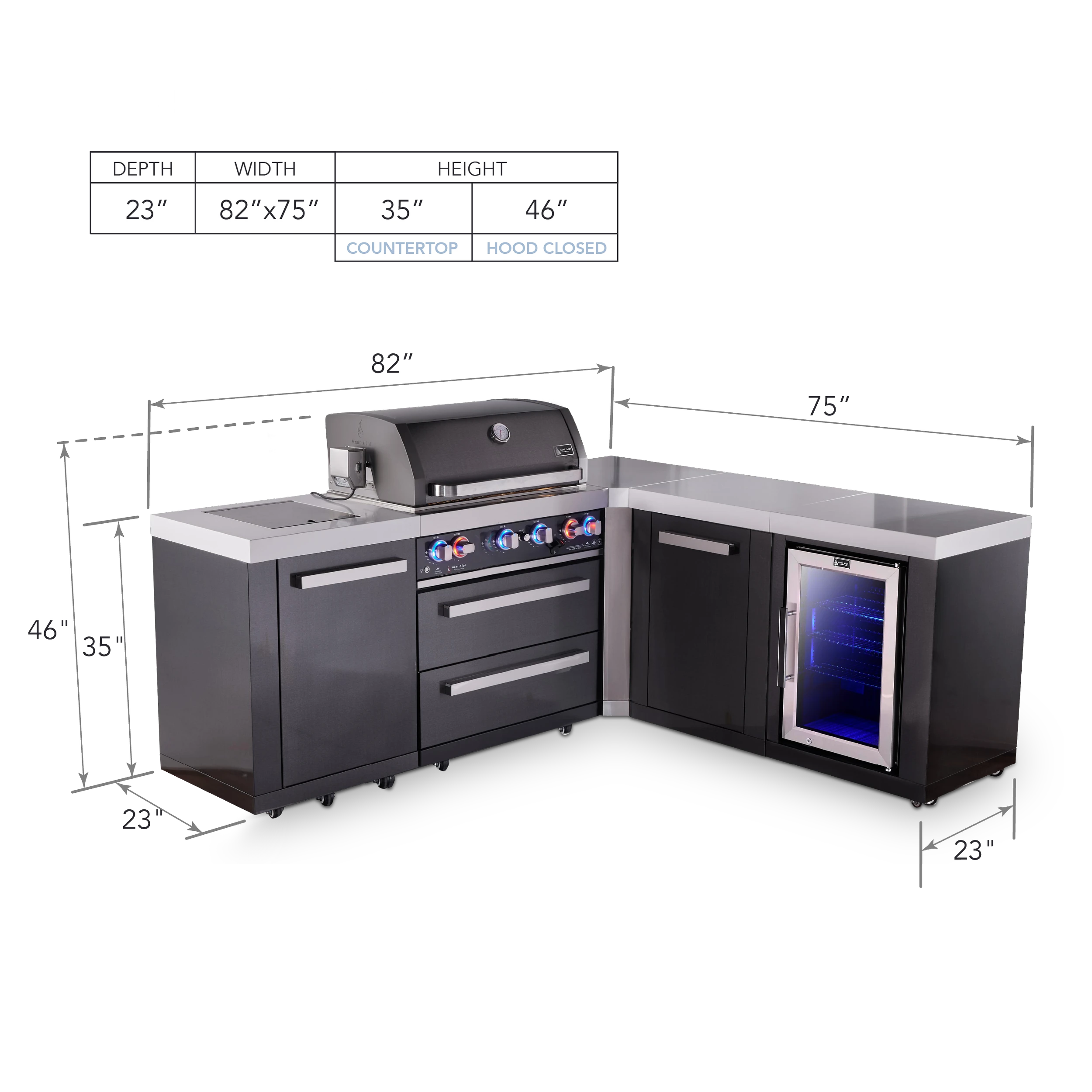 4-burner L-shaped Black Series Outdoor Kitchen Island With 90-degree Corner, Fridge Module And Xl Extra Storage Cabinet MAI400BSS90FCXL