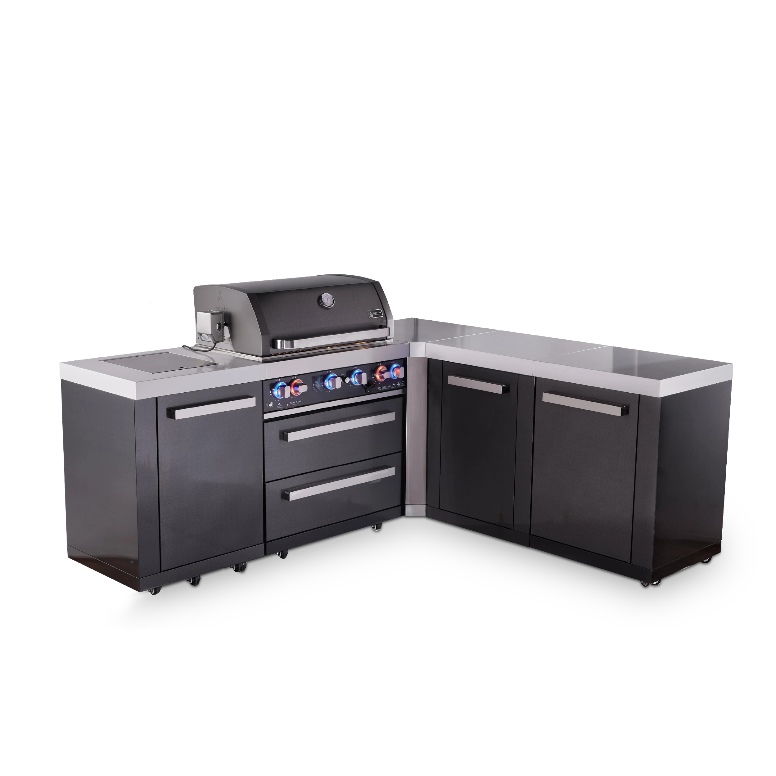4-burner L-shaped Black Series Outdoor Kitchen Island With 90-degree Corner And Xl Extra Storage Cabinet MAI400BSS90XL
