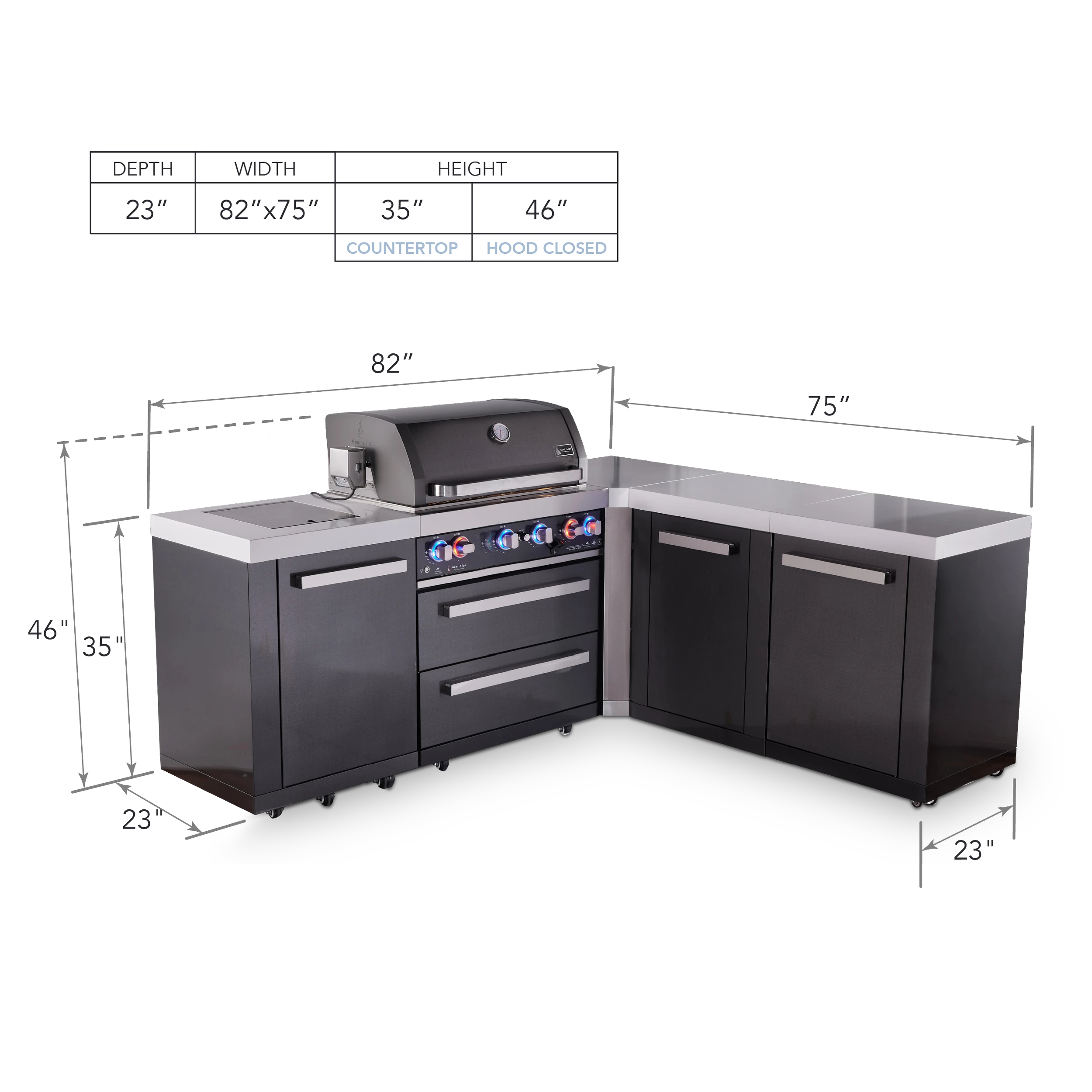 4-burner L-shaped Black Series Outdoor Kitchen Island With 90-degree Corner And Xl Extra Storage Cabinet MAI400BSS90XL