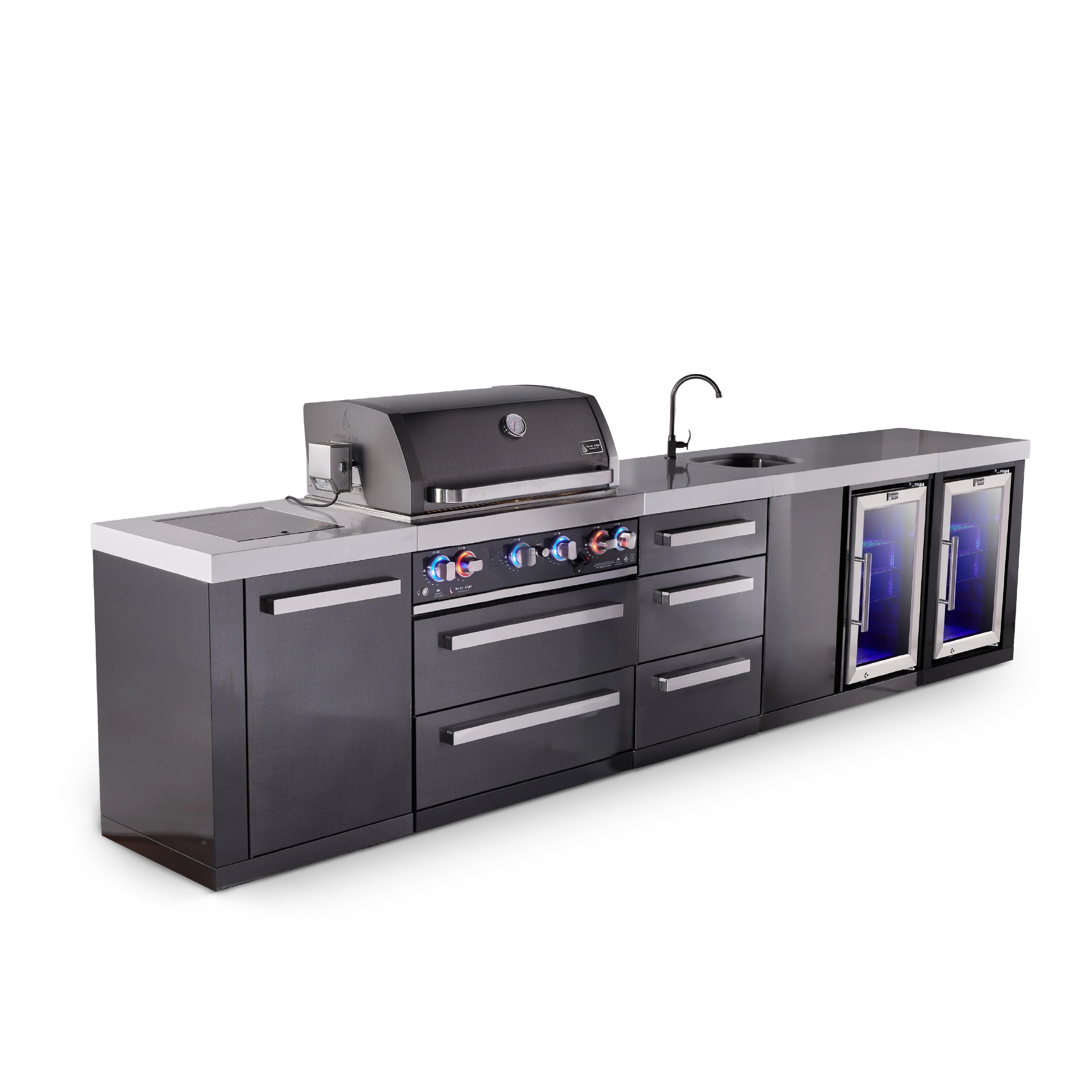 4-burner Black Series Outdoor Kitchen Island With Beverage Center, Fridge Module And Xl Extra Drawer Slides Cabinet MAI400BSSBEVFCDR