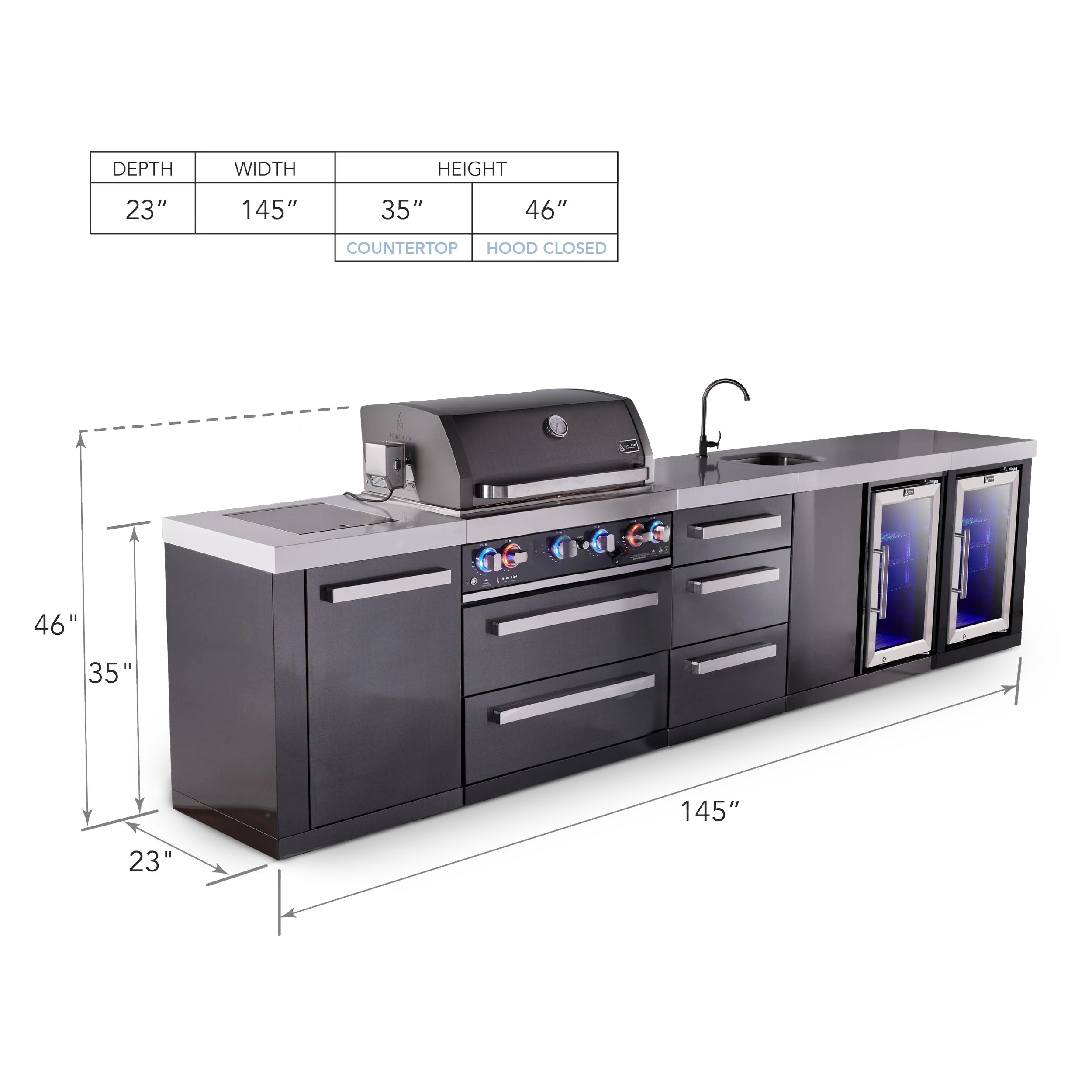 4-burner Black Series Outdoor Kitchen Island With Beverage Center, Fridge Module And Xl Extra Drawer Slides Cabinet MAI400BSSBEVFCDR