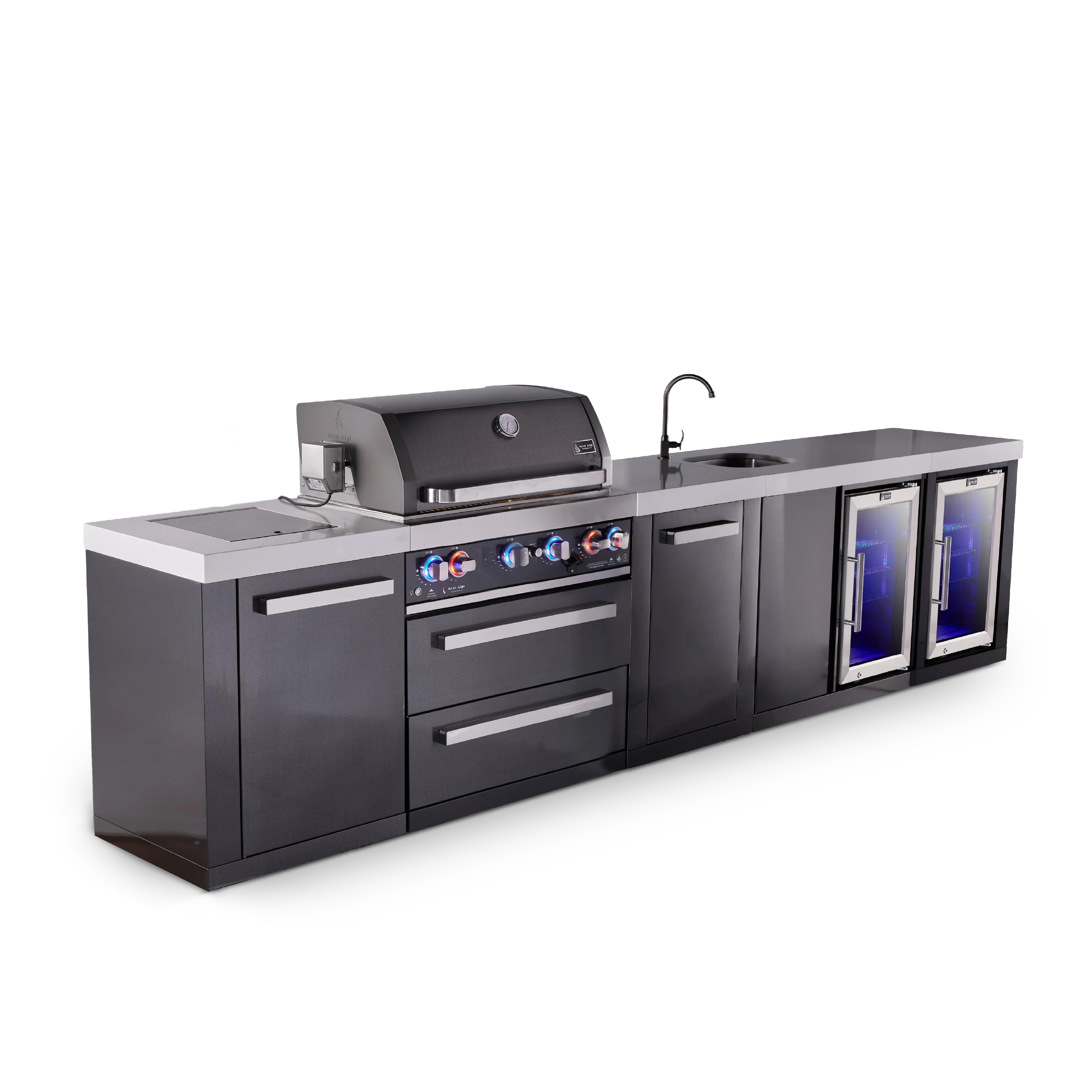 4-burner Black Series Outdoor Kitchen Island With Beverage Center, Fridge Module And Xl Extra Storage Cabinet MAI400BSSBEVFCXL