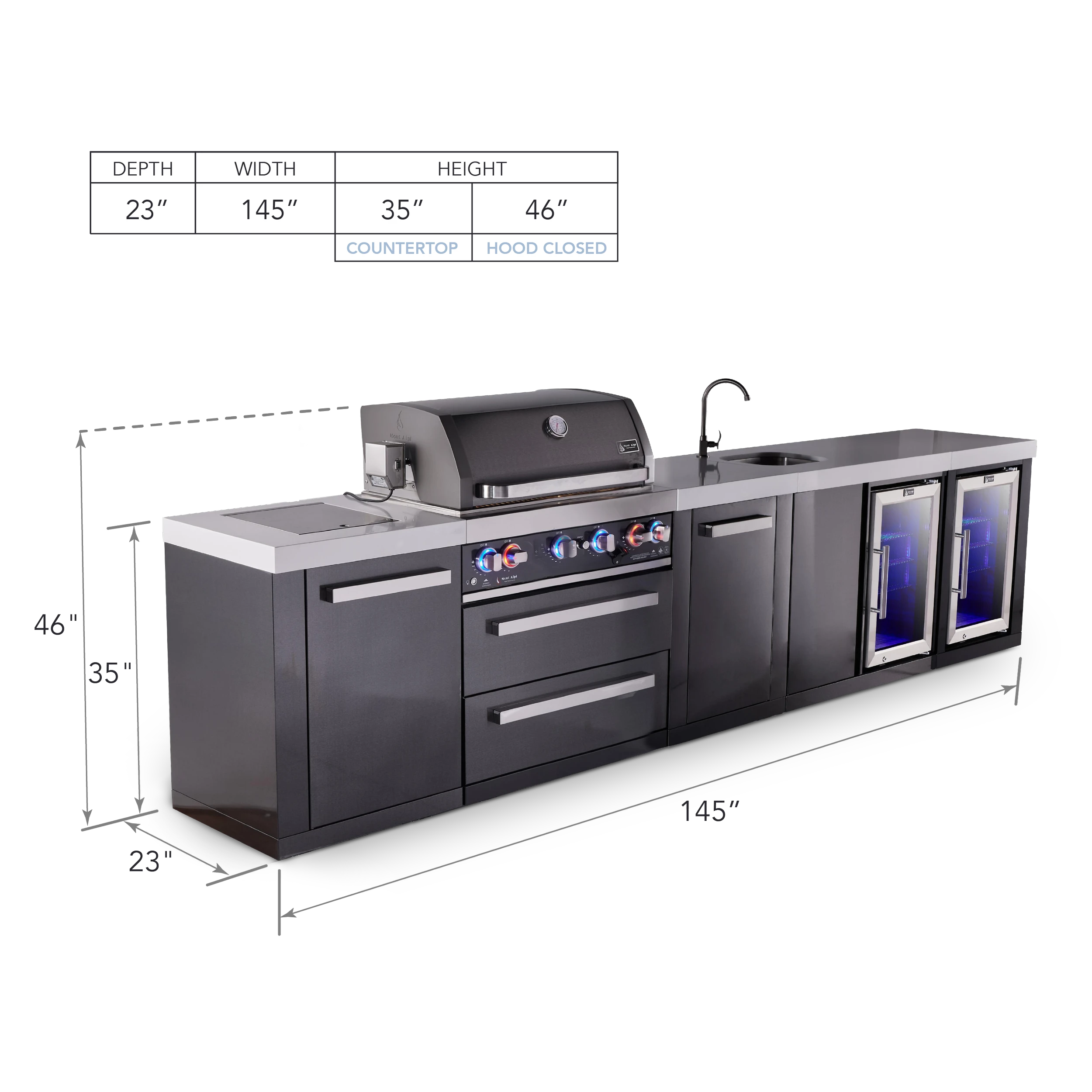 4-burner Black Series Outdoor Kitchen Island With Beverage Center, Fridge Module And Xl Extra Storage Cabinet MAI400BSSBEVFCXL