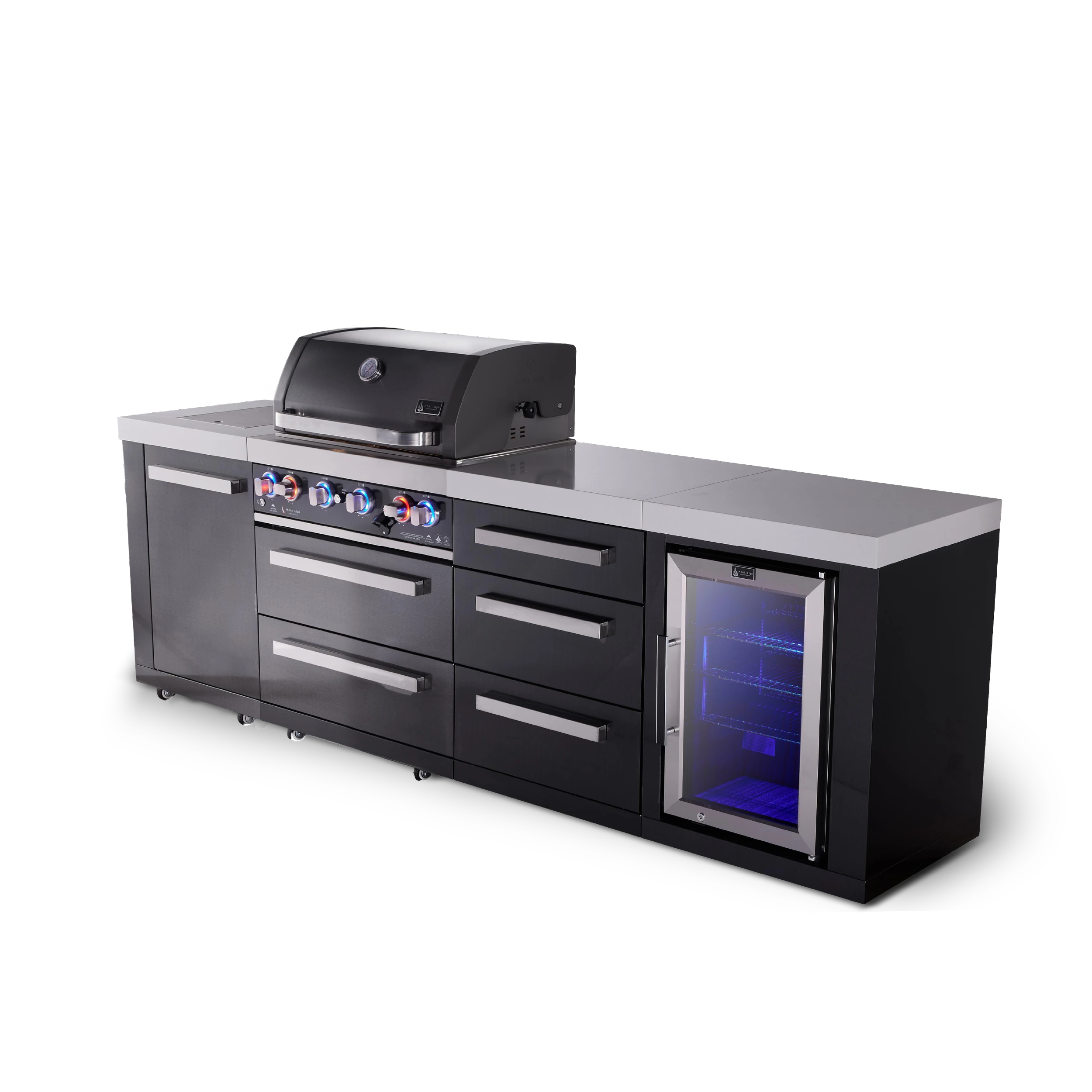 4-burner Black Series Outdoor Kitchen Island With Fridge Module And Xl Extra Drawer Slides Cabinet MAI400BSSFCDR