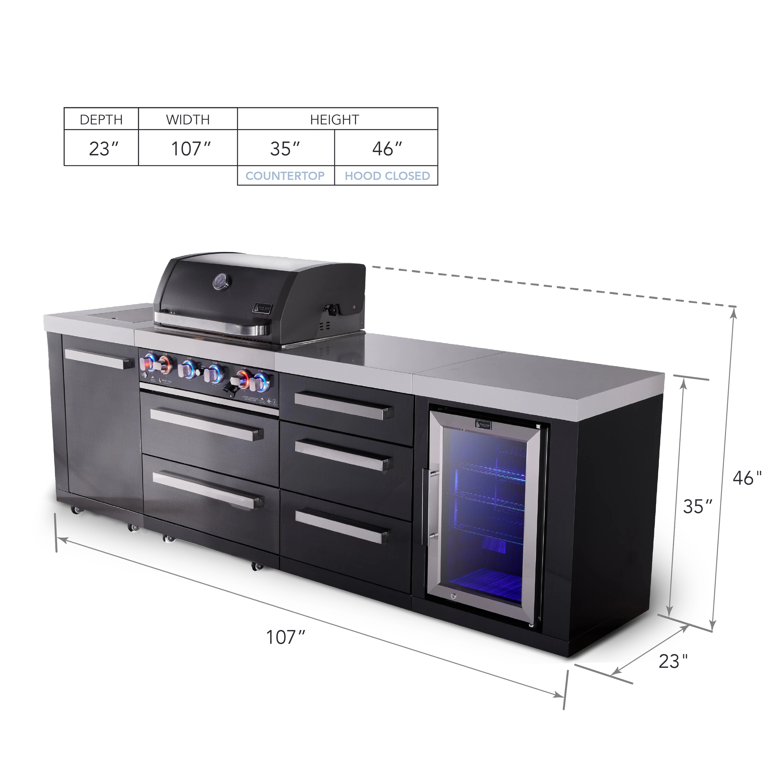 4-burner Black Series Outdoor Kitchen Island With Fridge Module And Xl Extra Drawer Slides Cabinet MAI400BSSFCDR