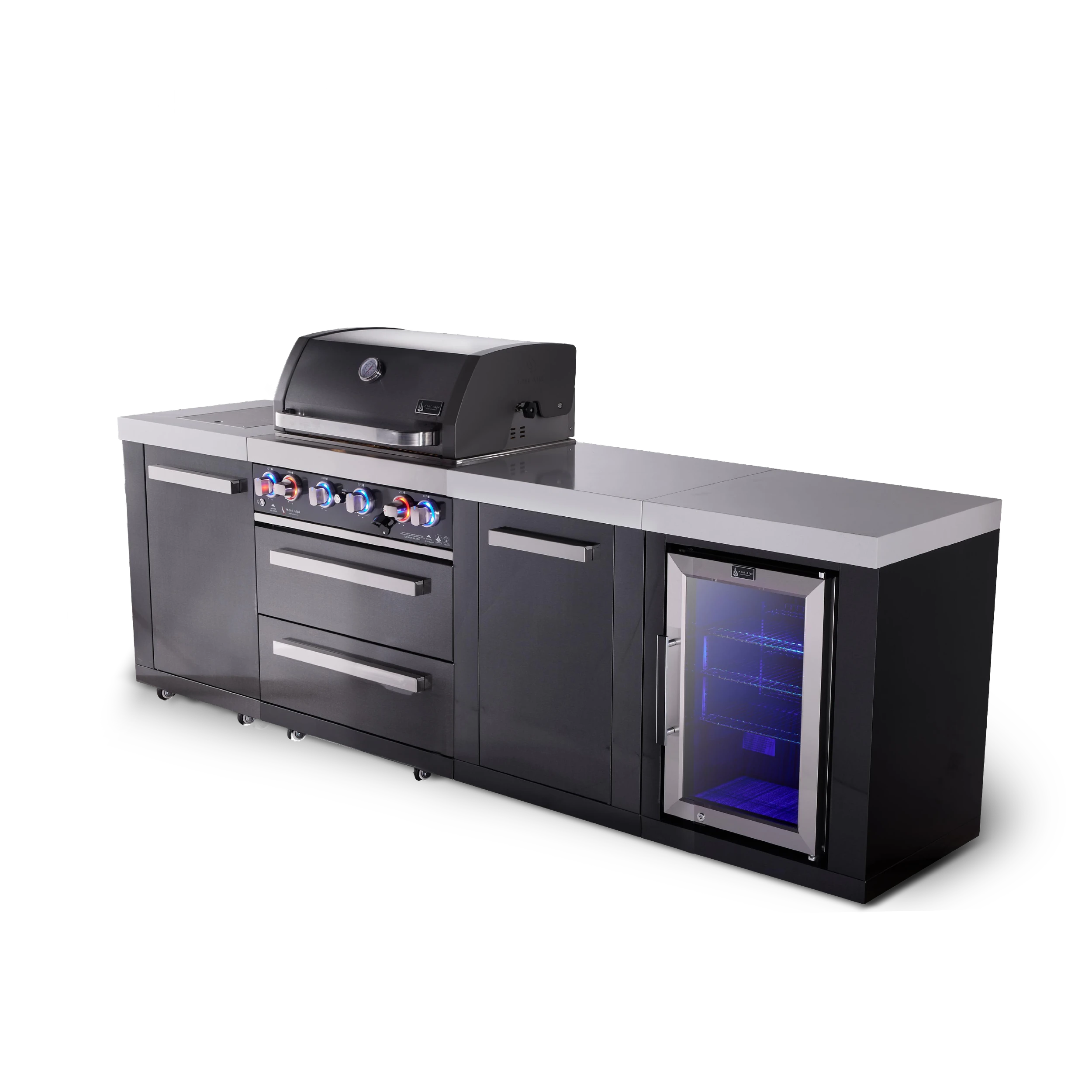 4-burner Black Series Outdoor Kitchen Island With Fridge Module And Xl Extra Storage Cabinet MAI400BSSFCXL