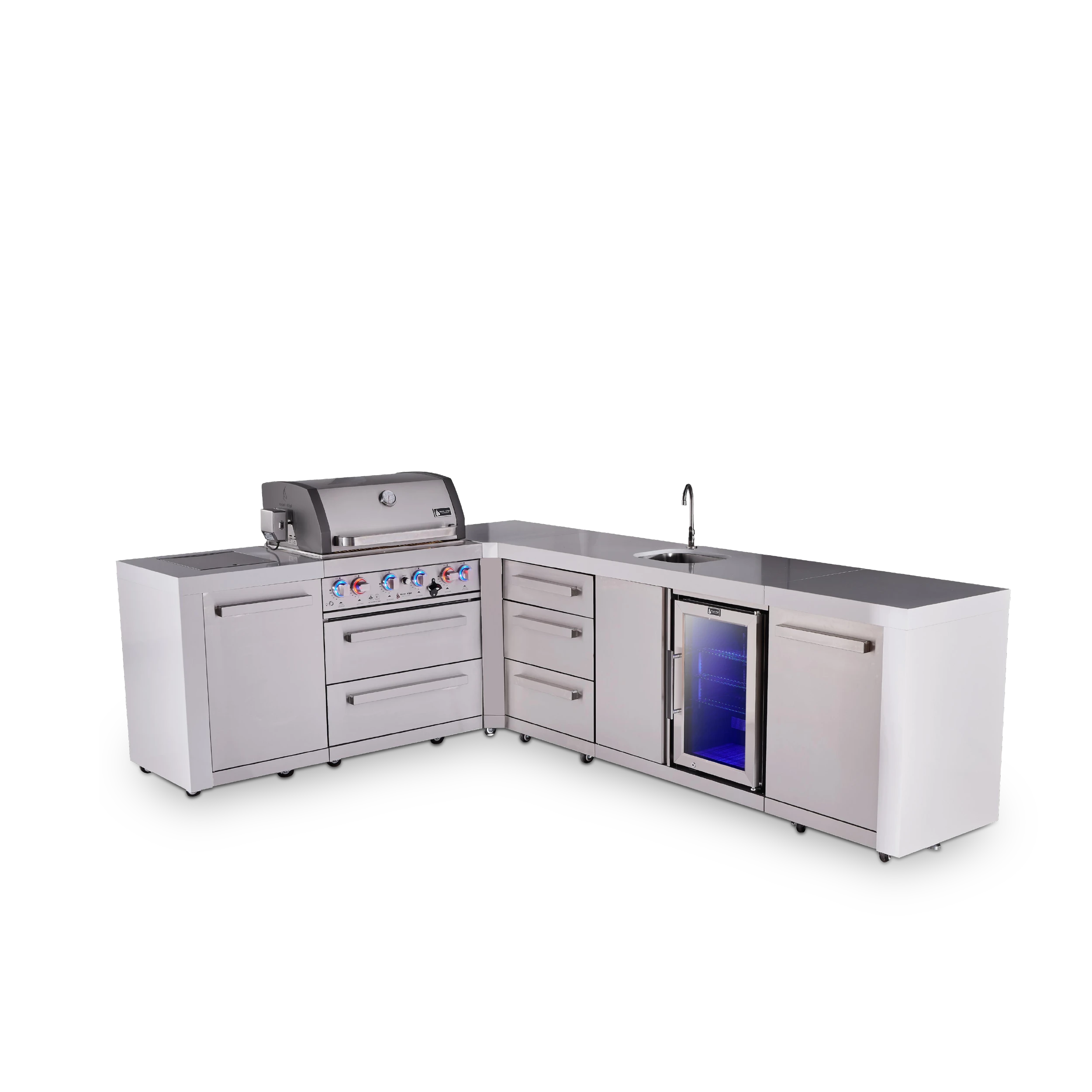 4-burner L-shaped Deluxe Series Outdoor Kitchen Island With Beverage Center And Extra Drawer Slides Cabinet MAI400D90BEVDR