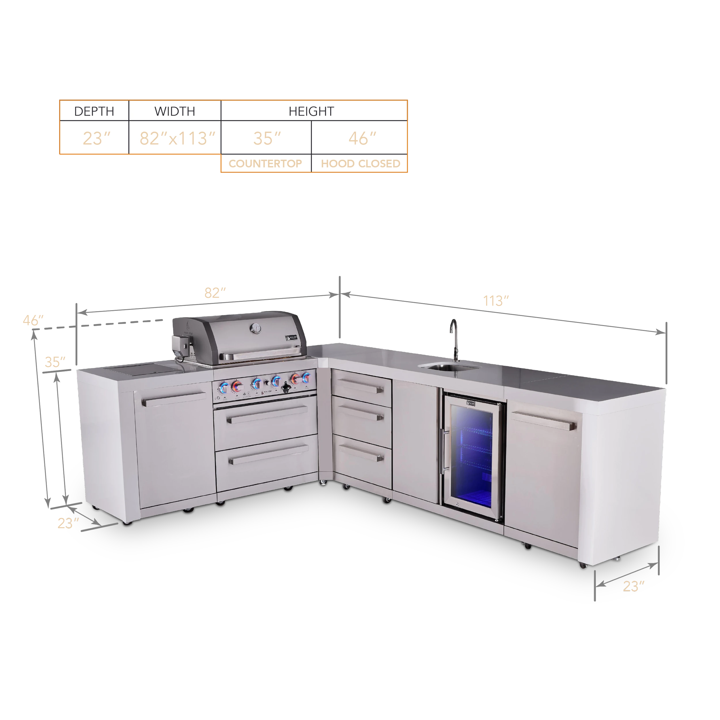 4-burner L-shaped Deluxe Series Outdoor Kitchen Island With Beverage Center And Extra Drawer Slides Cabinet MAI400D90BEVDR