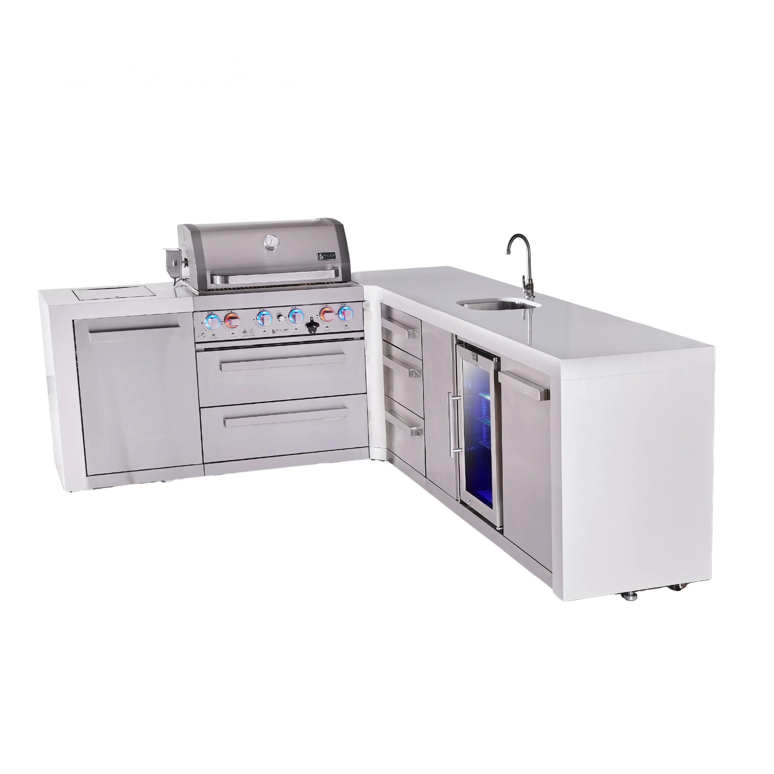 4-burner L-shaped Deluxe Series Outdoor Kitchen Island With Beverage Center And Extra Drawer Slides Cabinet MAI400D90BEVDR