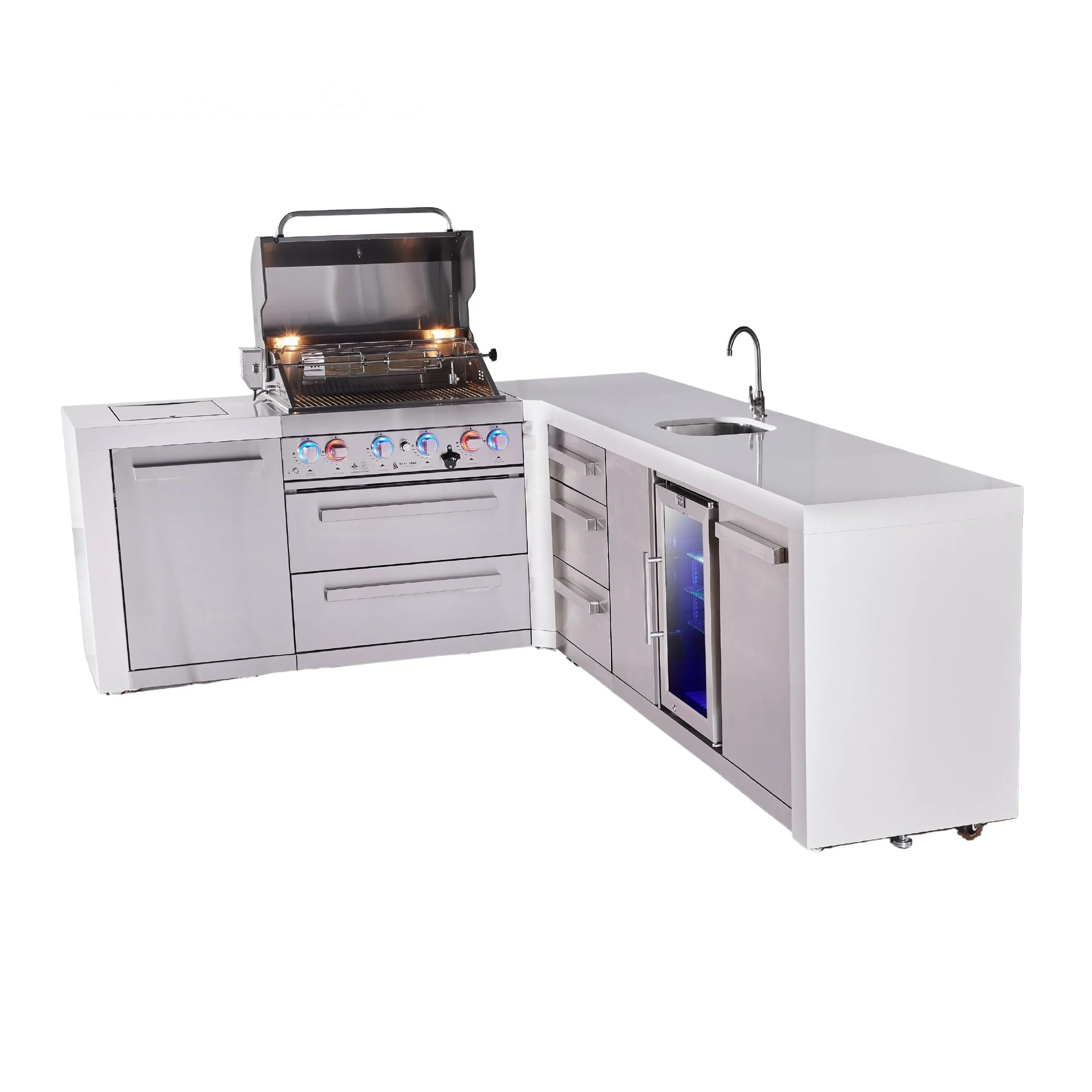 4-burner L-shaped Deluxe Series Outdoor Kitchen Island With Beverage Center And Extra Drawer Slides Cabinet MAI400D90BEVDR