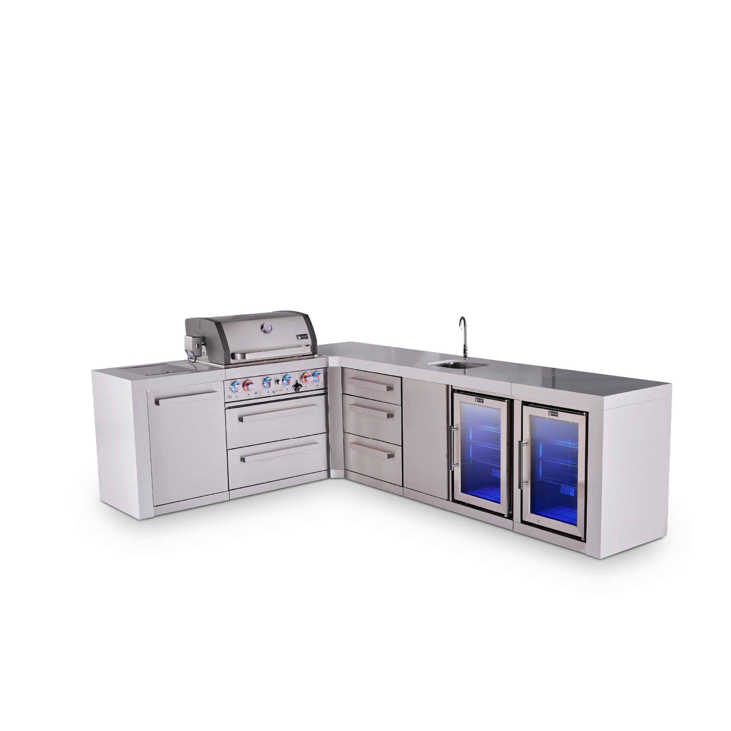 L-shaped 4-burner Deluxe Series Outdoor Kitchen Island With Beverage Center And Corner Fridge Module Plus Extra Drawer Slides Cabinet MAI400D90BEVFCDR