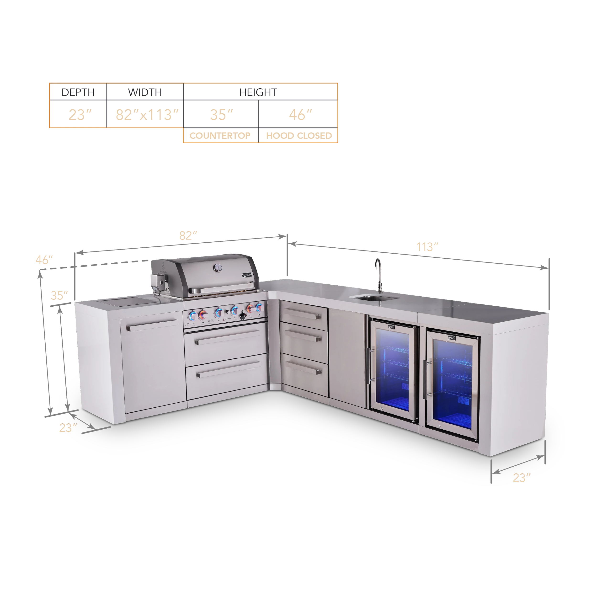 L-shaped 4-burner Deluxe Series Outdoor Kitchen Island With Beverage Center And Corner Fridge Module Plus Extra Drawer Slides Cabinet MAI400D90BEVFCDR