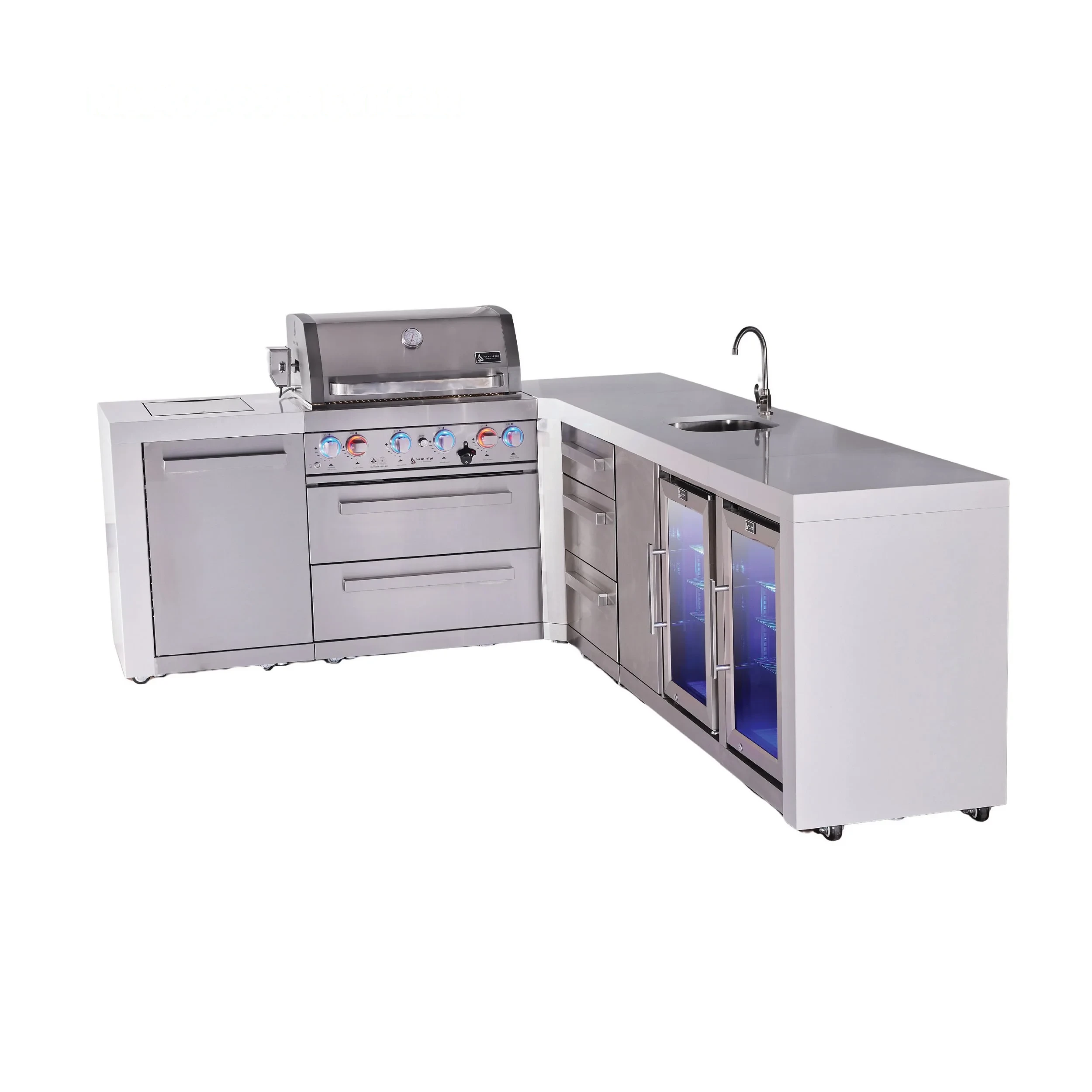 L-shaped 4-burner Deluxe Series Outdoor Kitchen Island With Beverage Center And Corner Fridge Module Plus Extra Drawer Slides Cabinet MAI400D90BEVFCDR