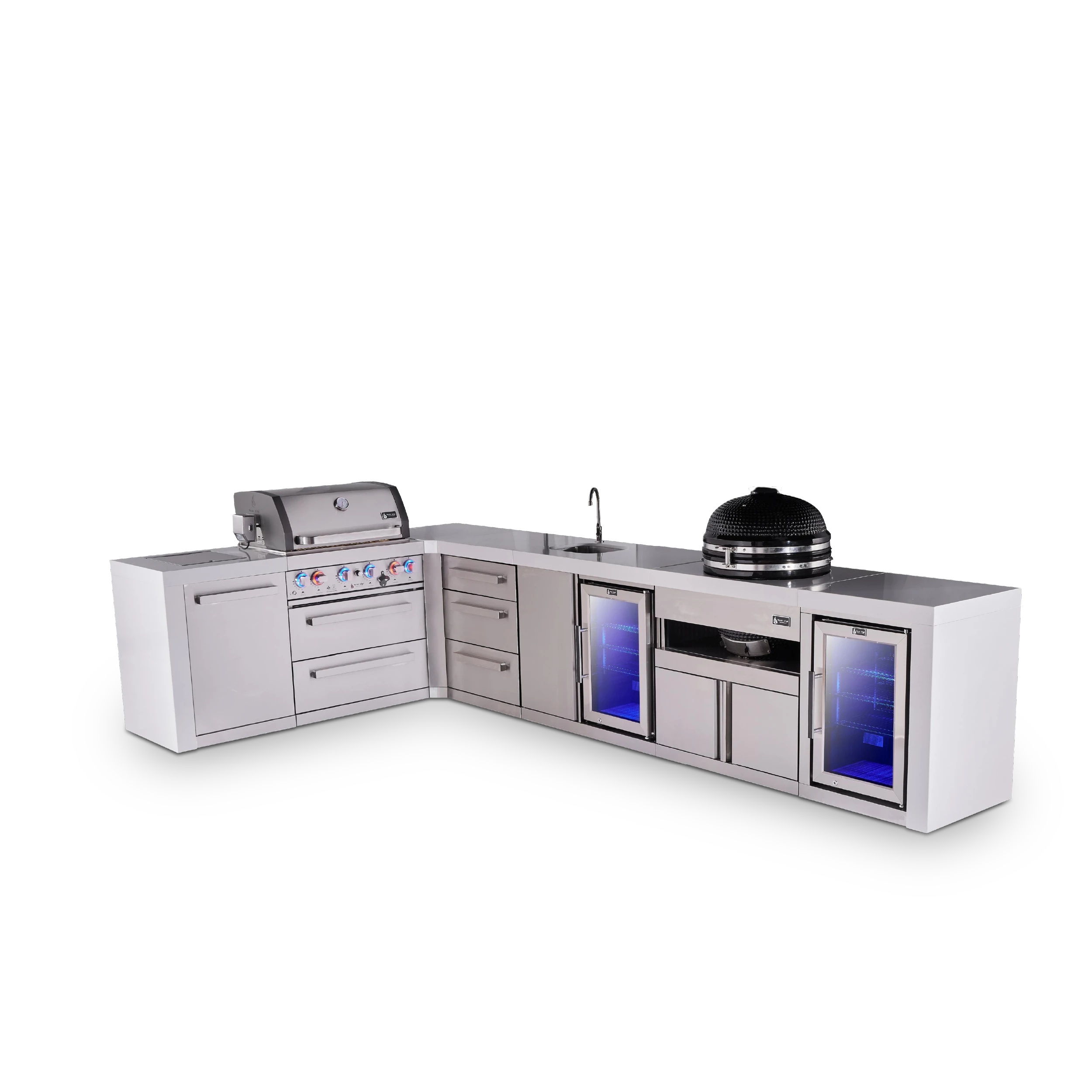 4-burner L-shaped Deluxe Outdoor Kitchen Island With Beverage Center, Kamado And Corner Fridge Module Plus Extra Drawer Slides Cabinet MAI400D90BEVFCKAMDR