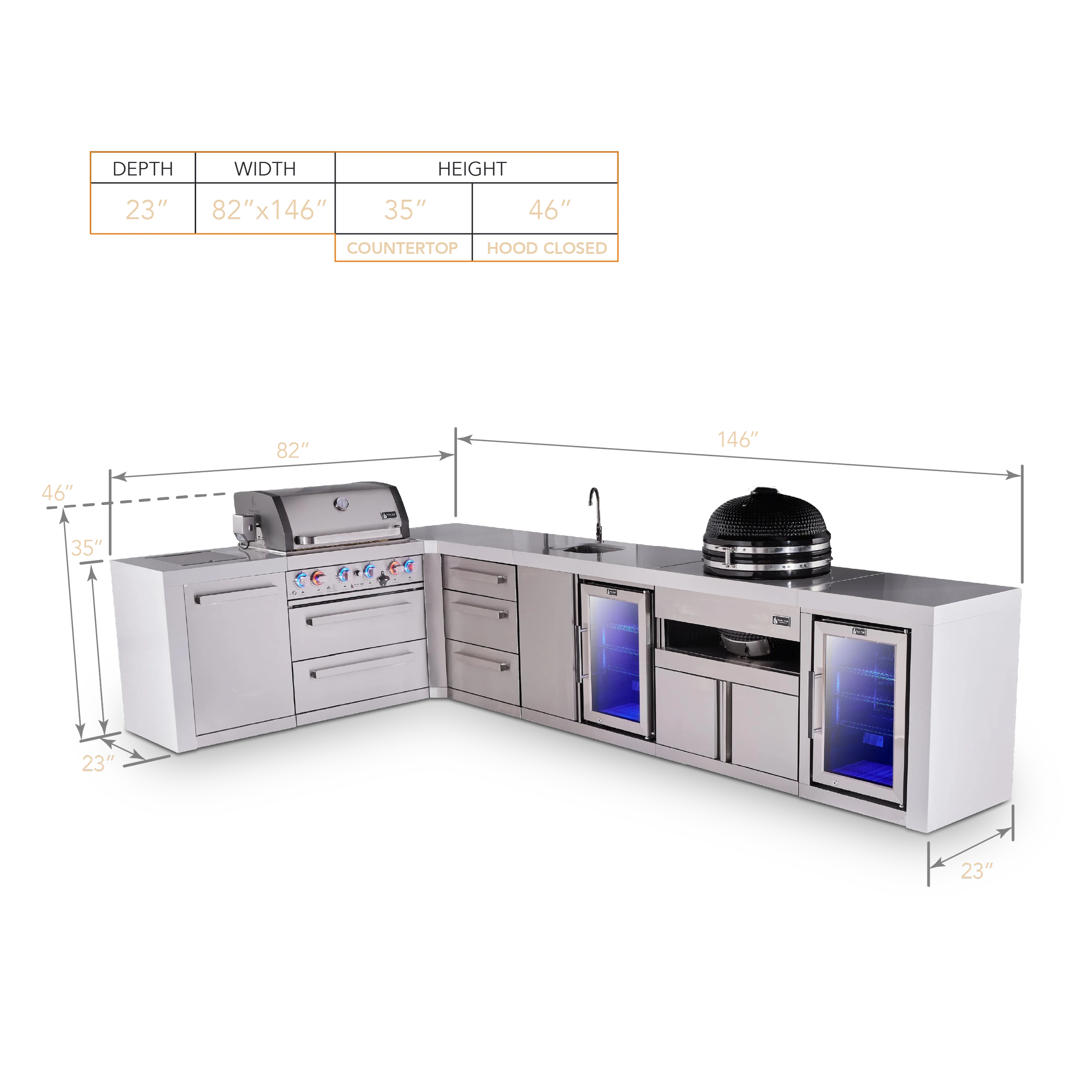 4-burner L-shaped Deluxe Outdoor Kitchen Island With Beverage Center, Kamado And Corner Fridge Module Plus Extra Drawer Slides Cabinet MAI400D90BEVFCKAMDR