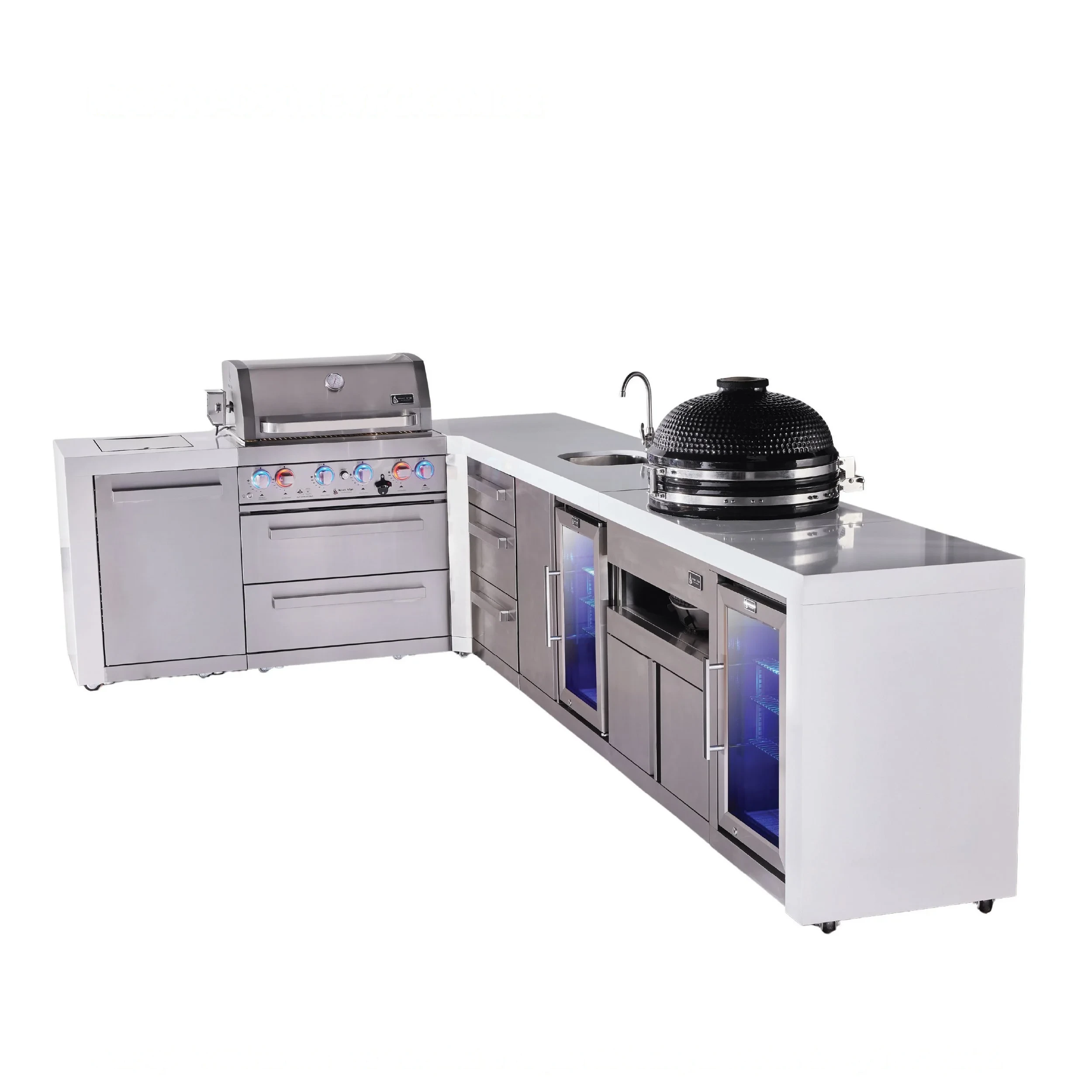 4-burner L-shaped Deluxe Outdoor Kitchen Island With Beverage Center, Kamado And Corner Fridge Module Plus Extra Drawer Slides Cabinet MAI400D90BEVFCKAMDR