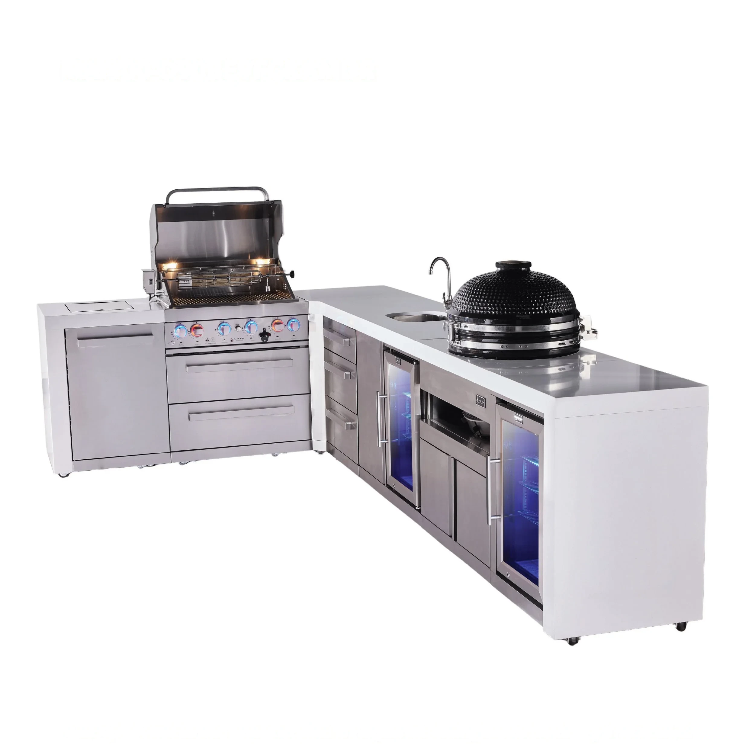 4-burner L-shaped Deluxe Outdoor Kitchen Island With Beverage Center, Kamado And Corner Fridge Module Plus Extra Drawer Slides Cabinet MAI400D90BEVFCKAMDR