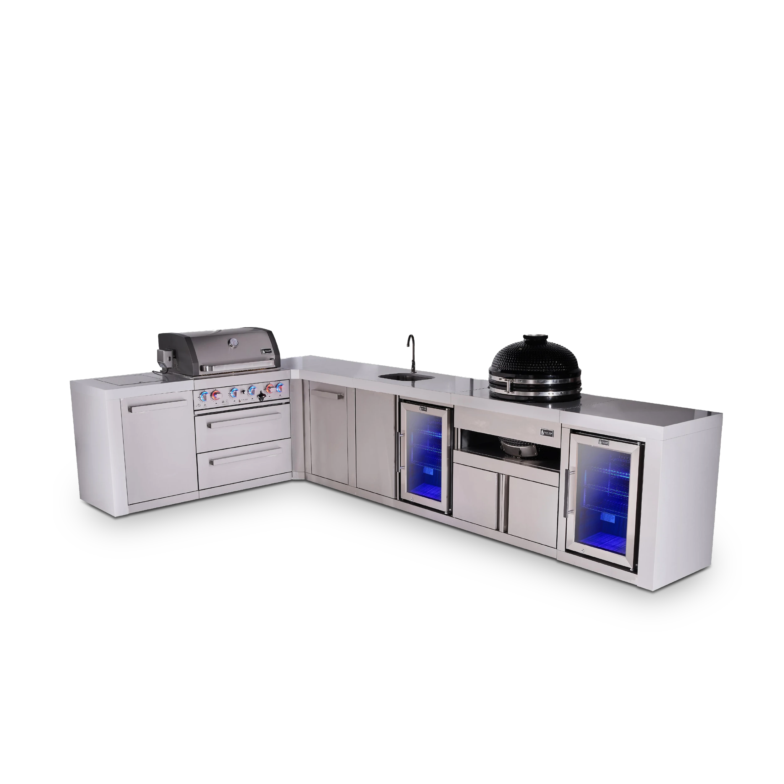4-burner L-shaped Deluxe Series Outdoor Kitchen Island With Beverage Center, Kamado And Corner Fridge Module Plus Extra Storage Cabinet MAI400D90BEVFCKAMXL