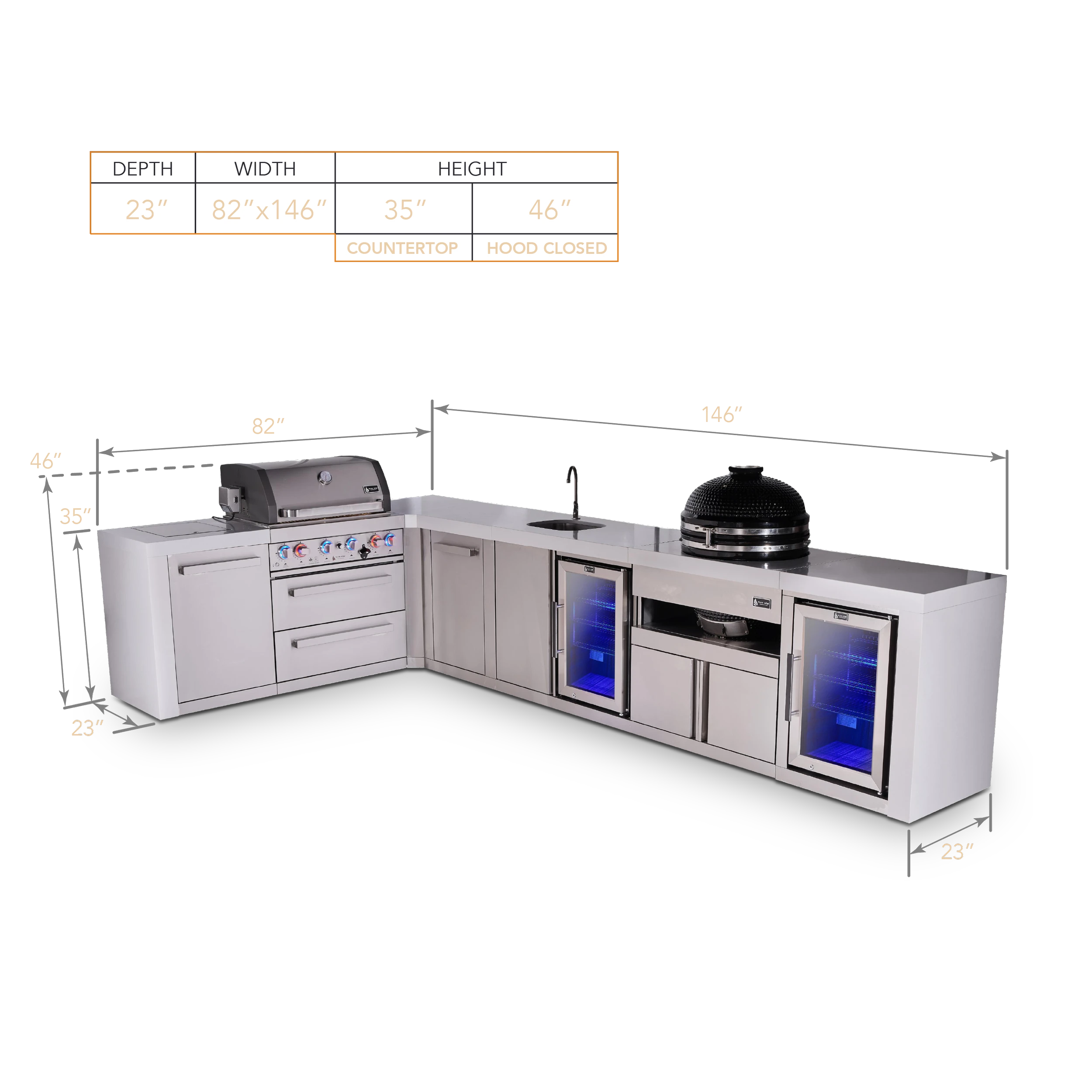 4-burner L-shaped Deluxe Series Outdoor Kitchen Island With Beverage Center, Kamado And Corner Fridge Module Plus Extra Storage Cabinet MAI400D90BEVFCKAMXL