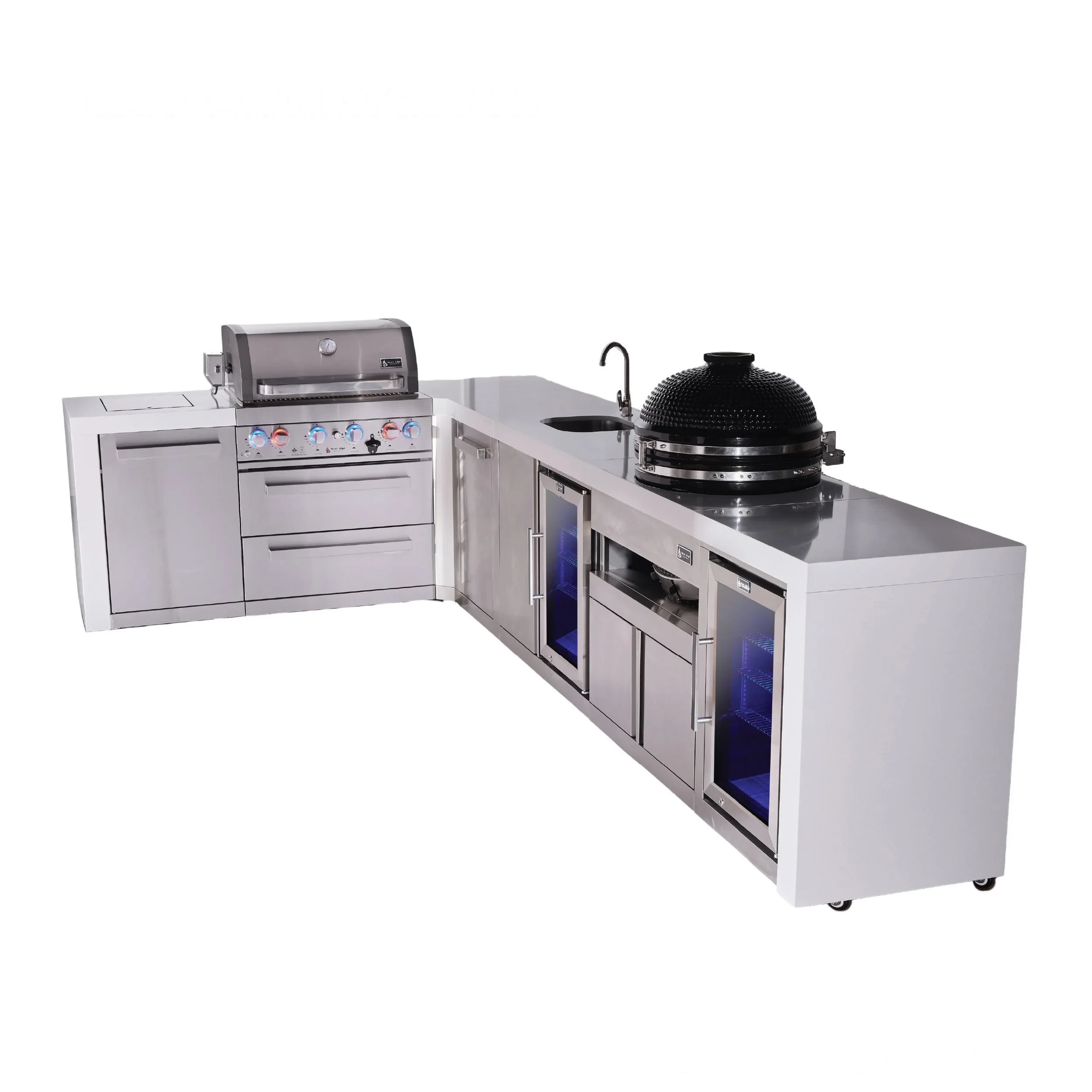 4-burner L-shaped Deluxe Series Outdoor Kitchen Island With Beverage Center, Kamado And Corner Fridge Module Plus Extra Storage Cabinet MAI400D90BEVFCKAMXL