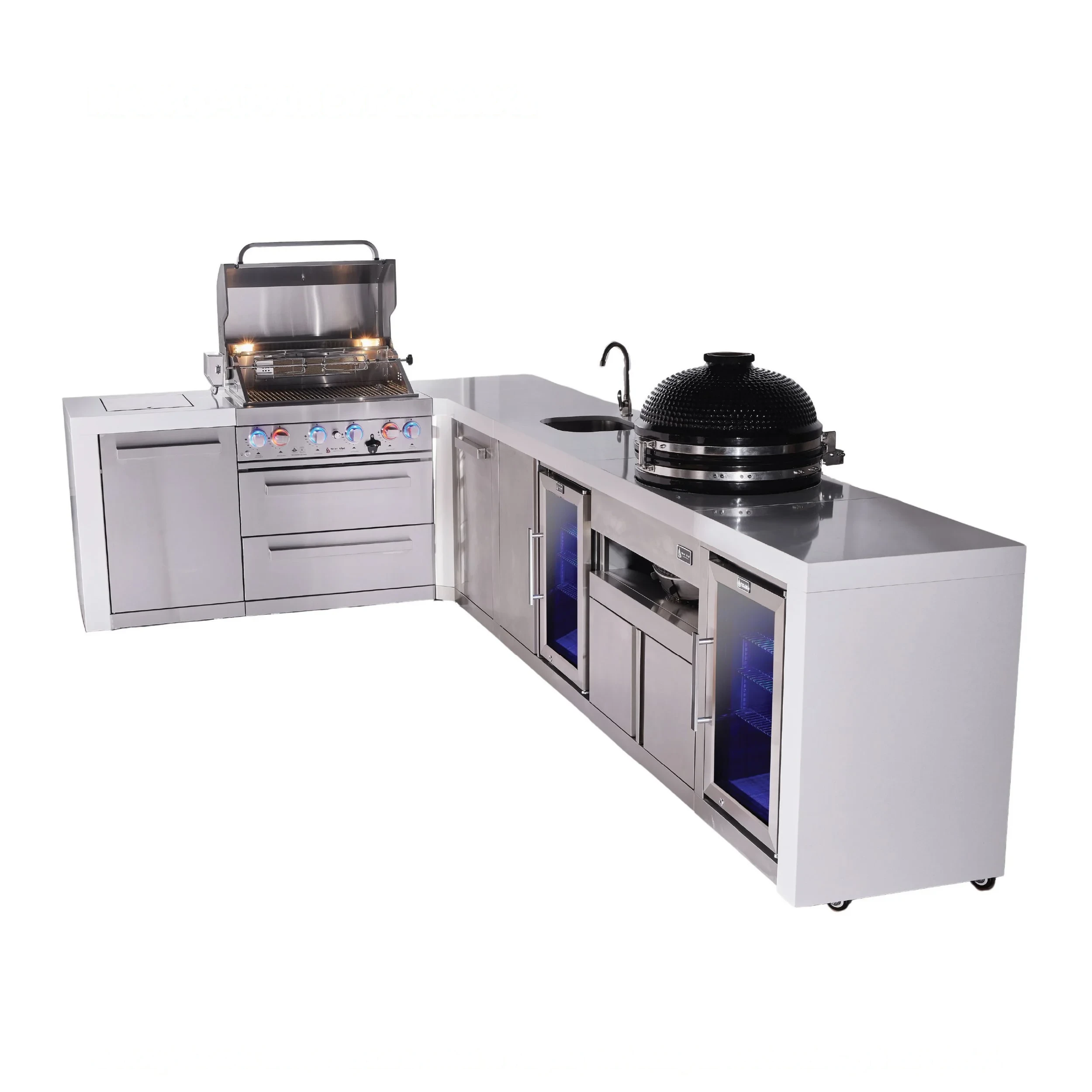 4-burner L-shaped Deluxe Series Outdoor Kitchen Island With Beverage Center, Kamado And Corner Fridge Module Plus Extra Storage Cabinet MAI400D90BEVFCKAMXL