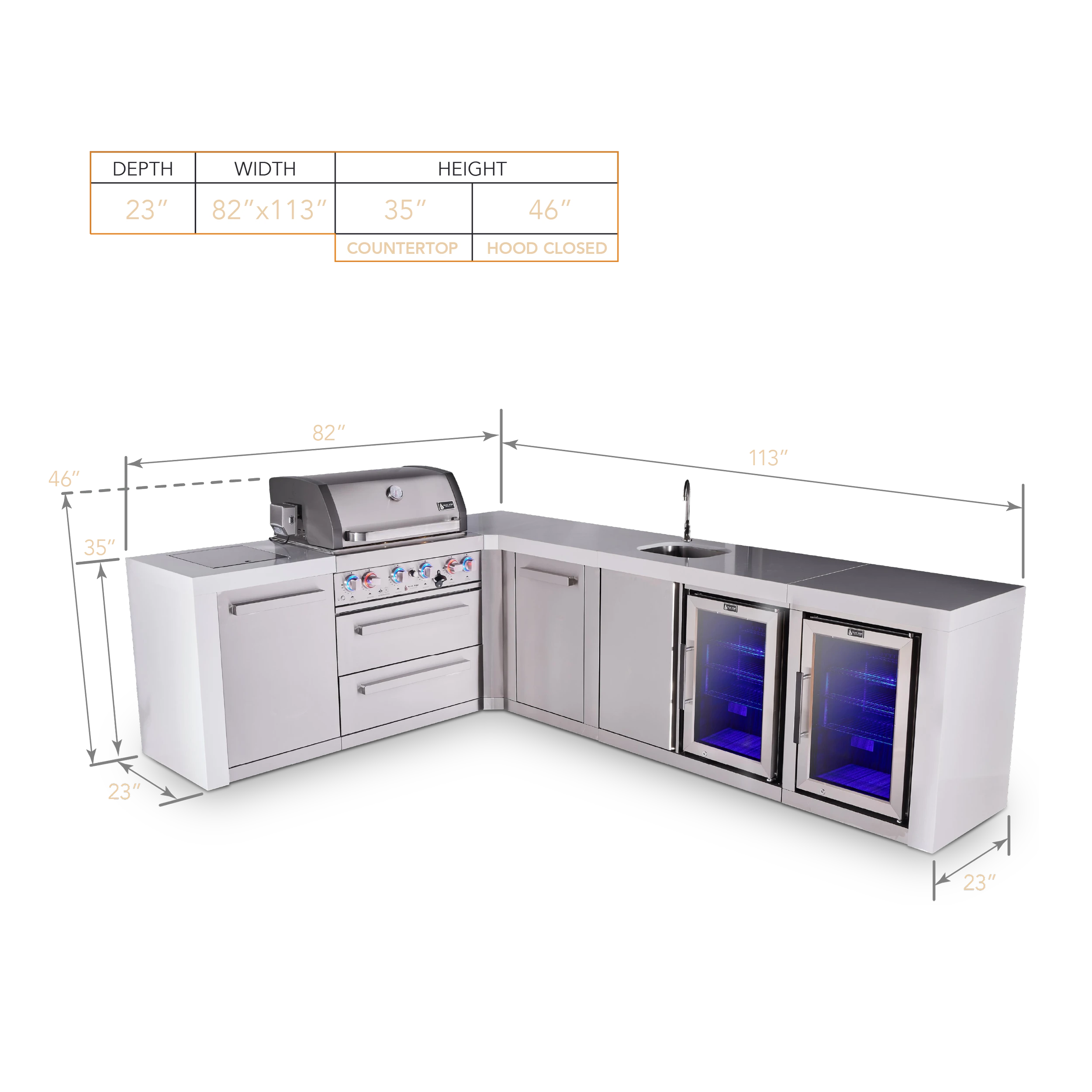 4-burner L-shaped Deluxe Series Outdoor Kitchen Island With Beverage Center And Corner Fridge Module Plus Extra Storage Cabinet MAI400D90BEVFCXL
