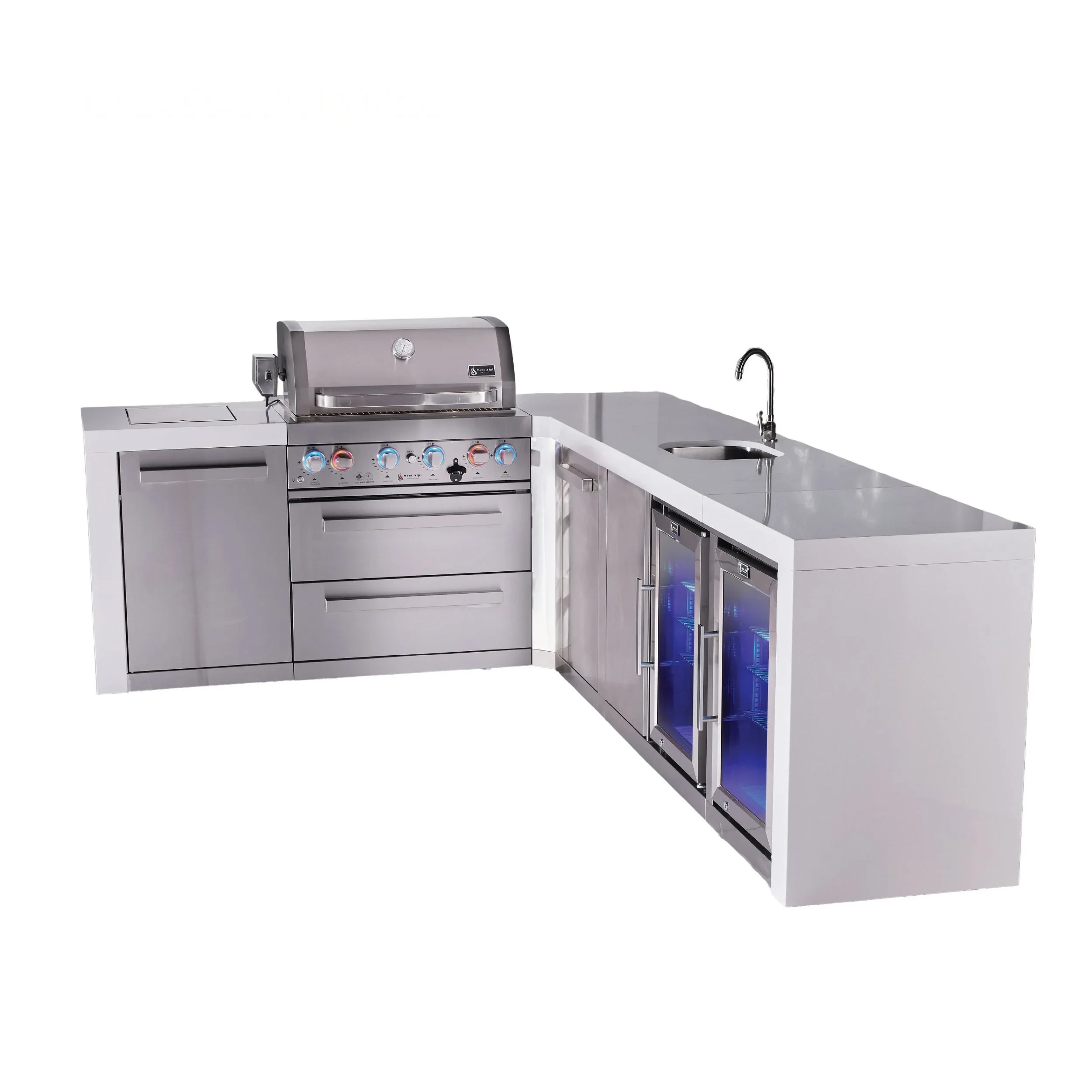 4-burner L-shaped Deluxe Series Outdoor Kitchen Island With Beverage Center And Corner Fridge Module Plus Extra Storage Cabinet MAI400D90BEVFCXL