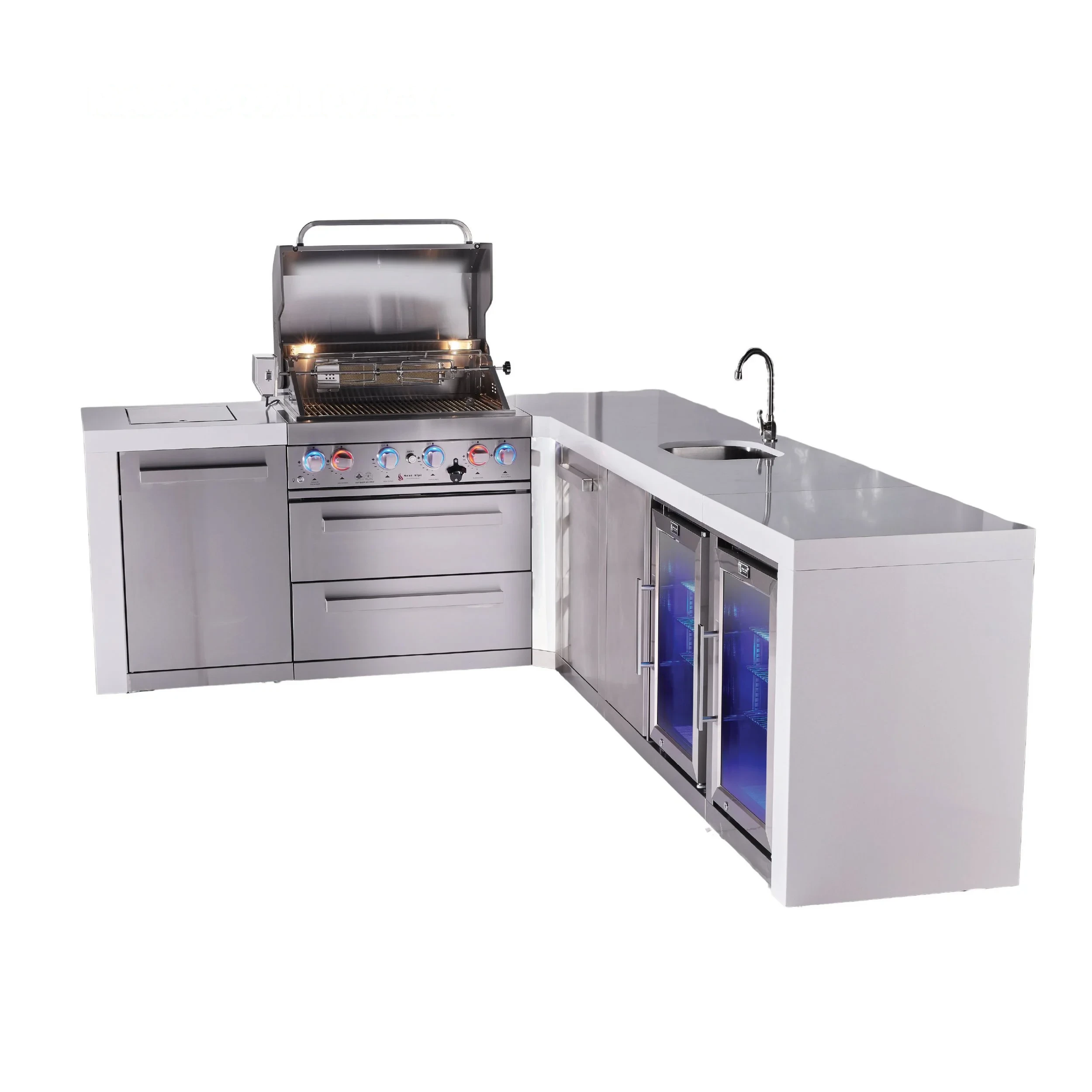 4-burner L-shaped Deluxe Series Outdoor Kitchen Island With Beverage Center And Corner Fridge Module Plus Extra Storage Cabinet MAI400D90BEVFCXL