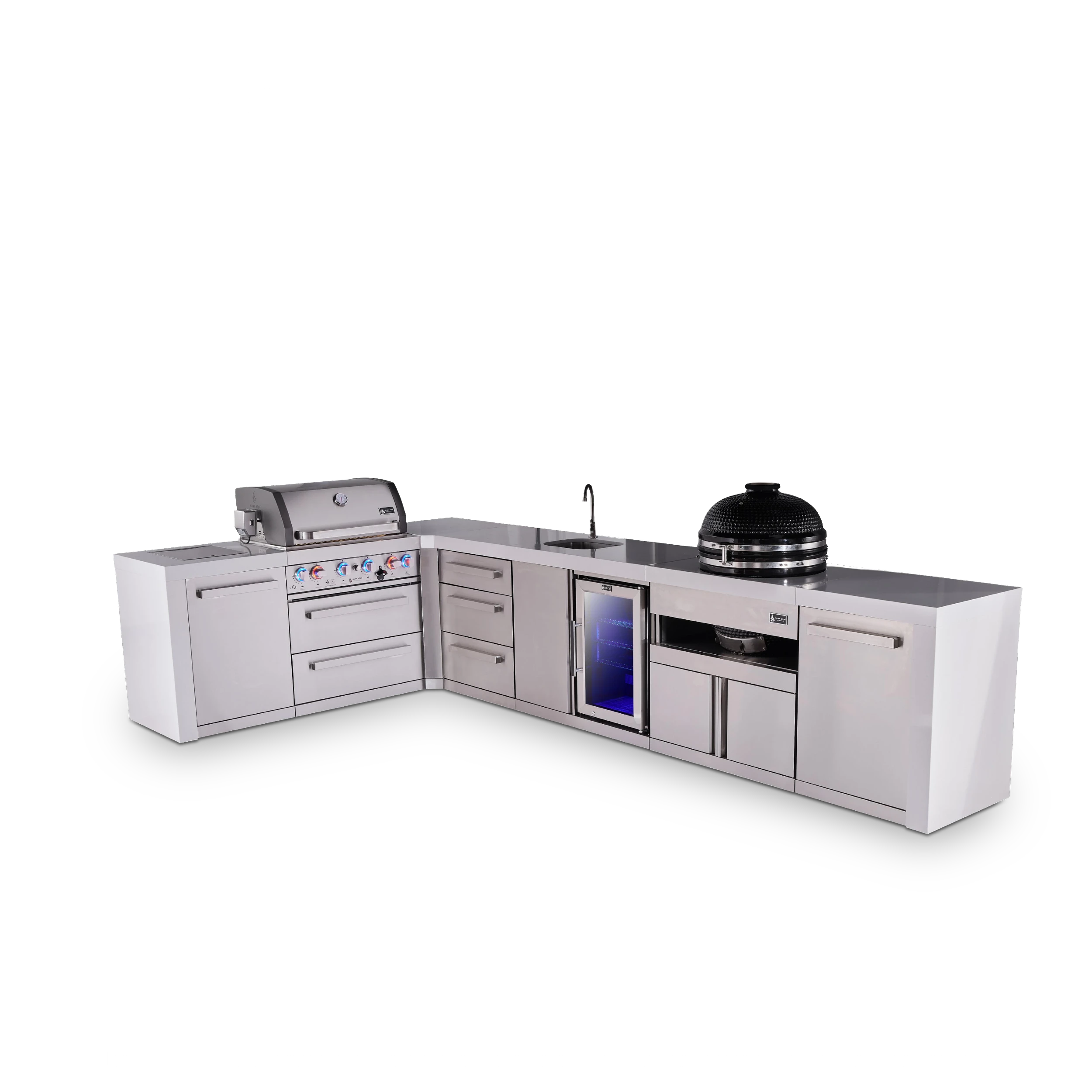 4-burner L-shaped Deluxe Series Outdoor Kitchen Island With Beverage Center And Kamado Plus Extra Drawer Slides MAI400D90BEVKAMDR