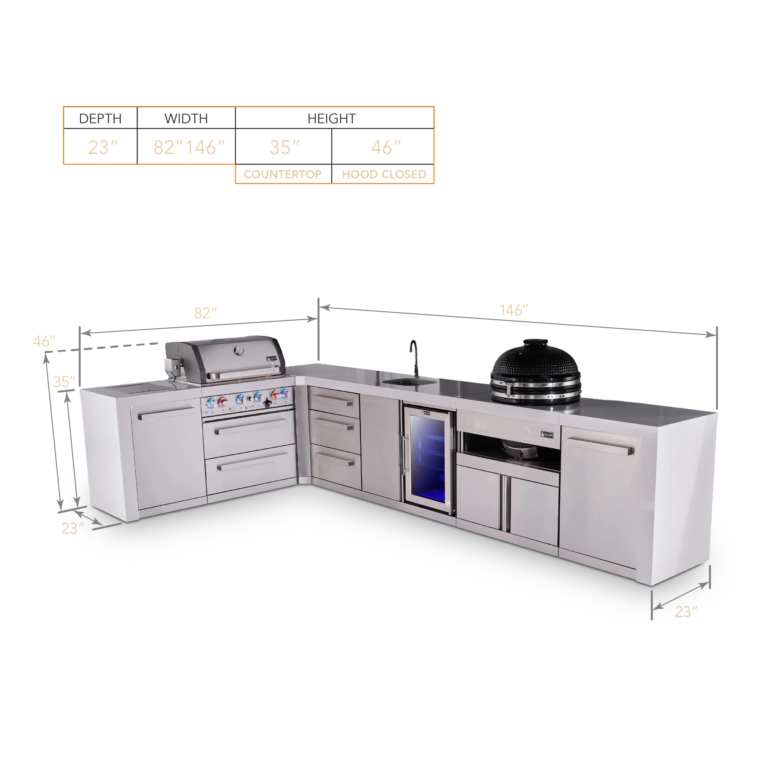 4-burner L-shaped Deluxe Series Outdoor Kitchen Island With Beverage Center And Kamado Plus Extra Drawer Slides MAI400D90BEVKAMDR