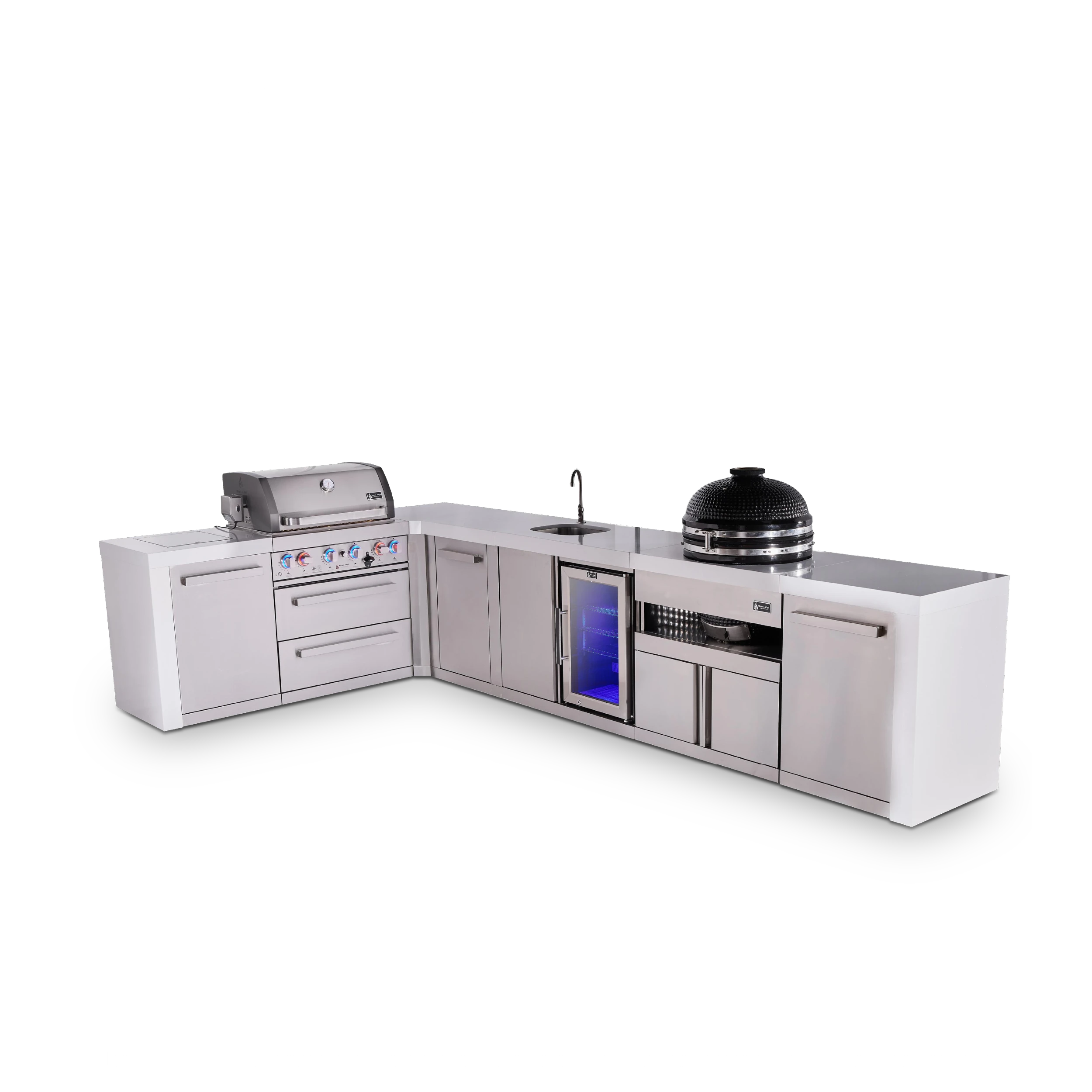 4-burner L-shaped Deluxe Series Outdoor Kitchen Island With Beverage Center And Kamado Module Plus Extra Storage Cabinet MAI400D90BEVKAMXL