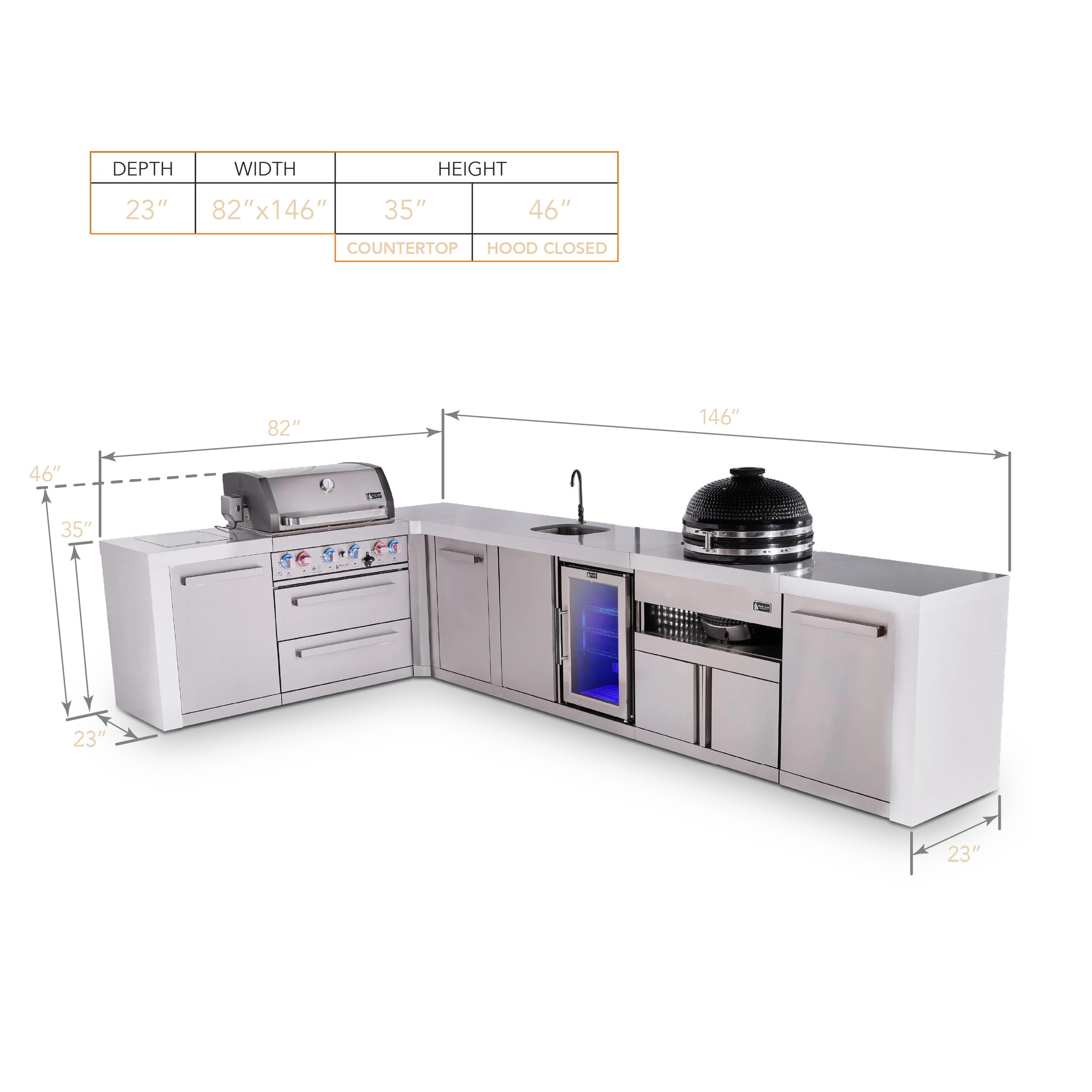 4-burner L-shaped Deluxe Series Outdoor Kitchen Island With Beverage Center And Kamado Module Plus Extra Storage Cabinet MAI400D90BEVKAMXL