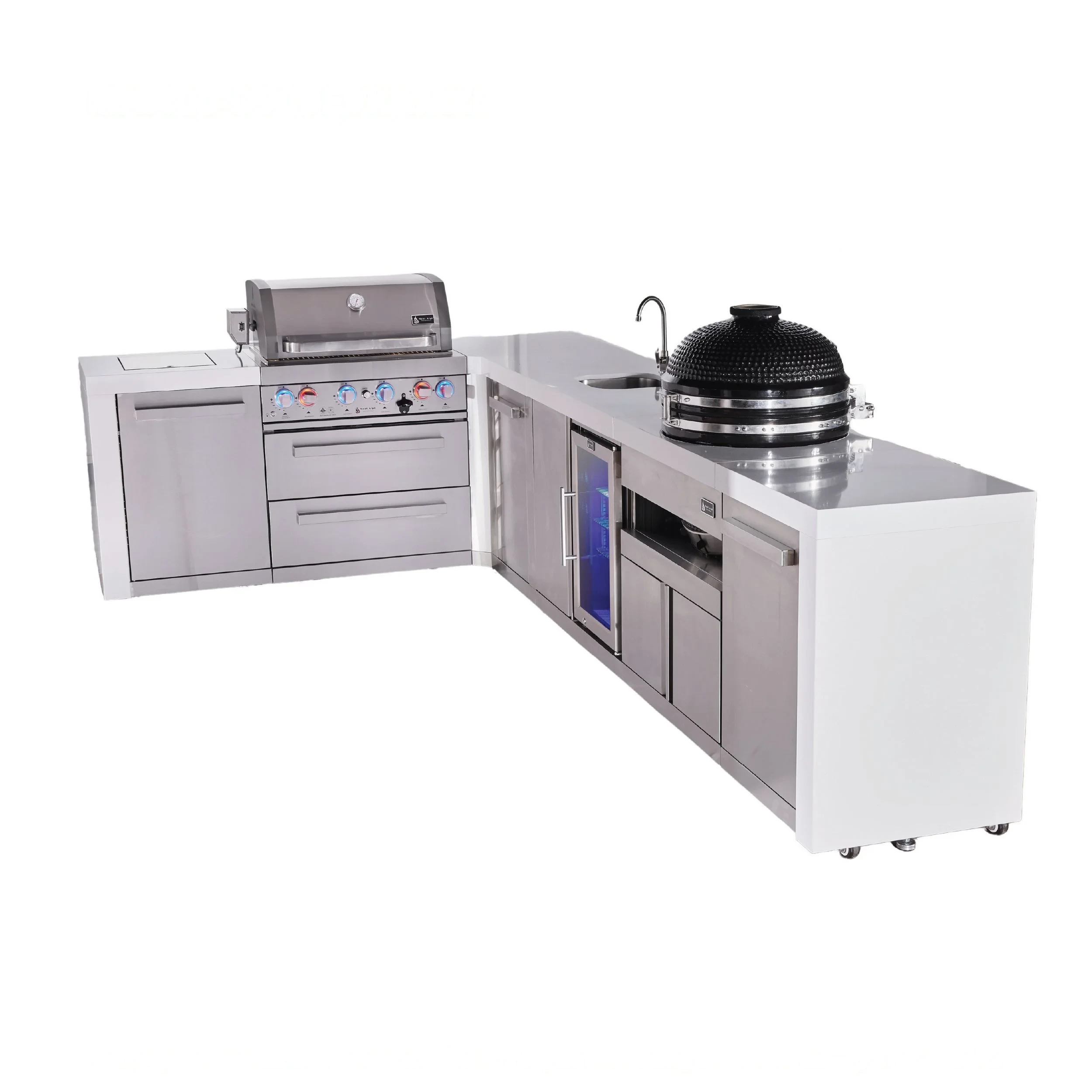 4-burner L-shaped Deluxe Series Outdoor Kitchen Island With Beverage Center And Kamado Module Plus Extra Storage Cabinet MAI400D90BEVKAMXL