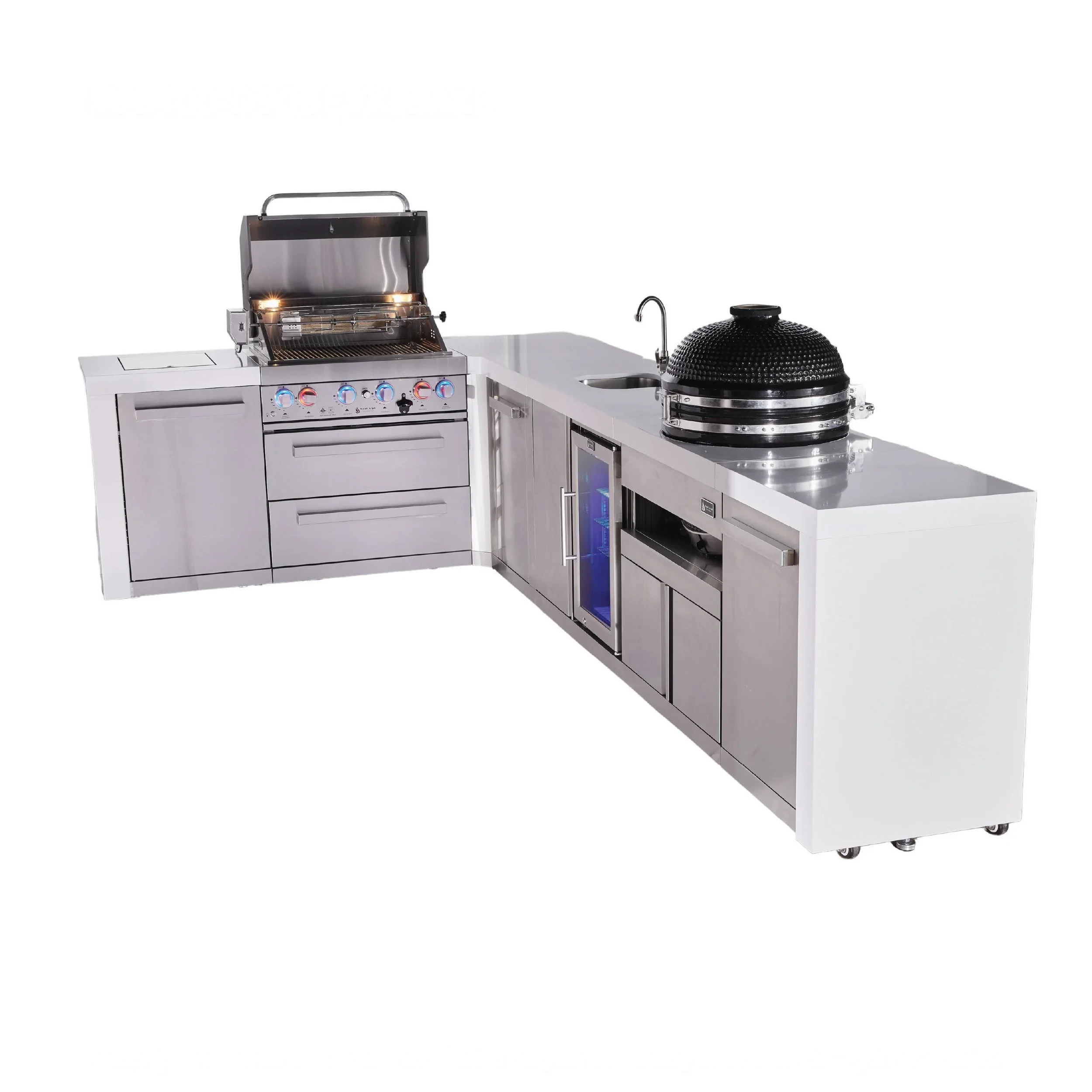 4-burner L-shaped Deluxe Series Outdoor Kitchen Island With Beverage Center And Kamado Module Plus Extra Storage Cabinet MAI400D90BEVKAMXL