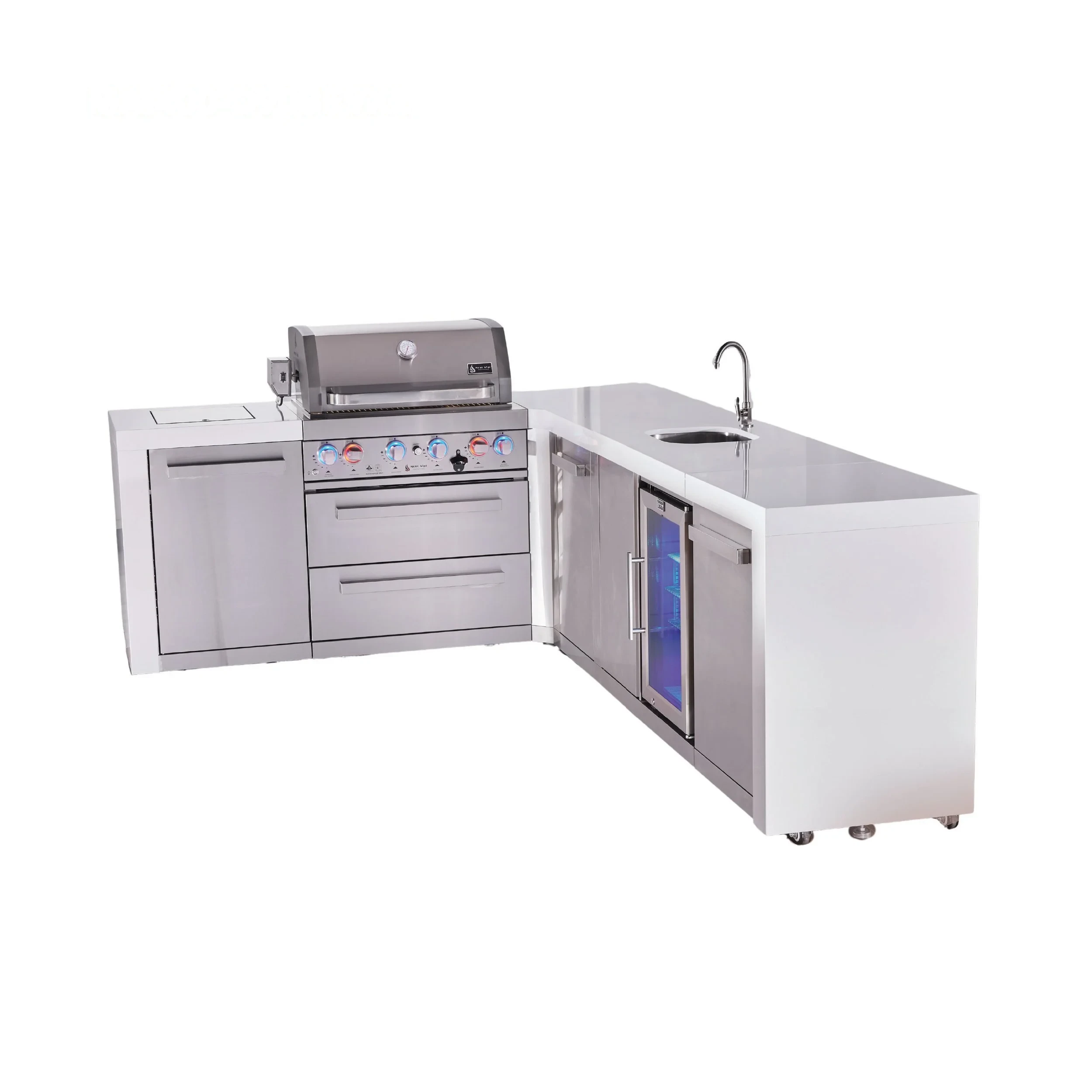 4-burner L-shaped Deluxe Series Outdoor Kitchen Island With Beverage Center And Extra Storage Cabinet Module MAI400D90BEVXL