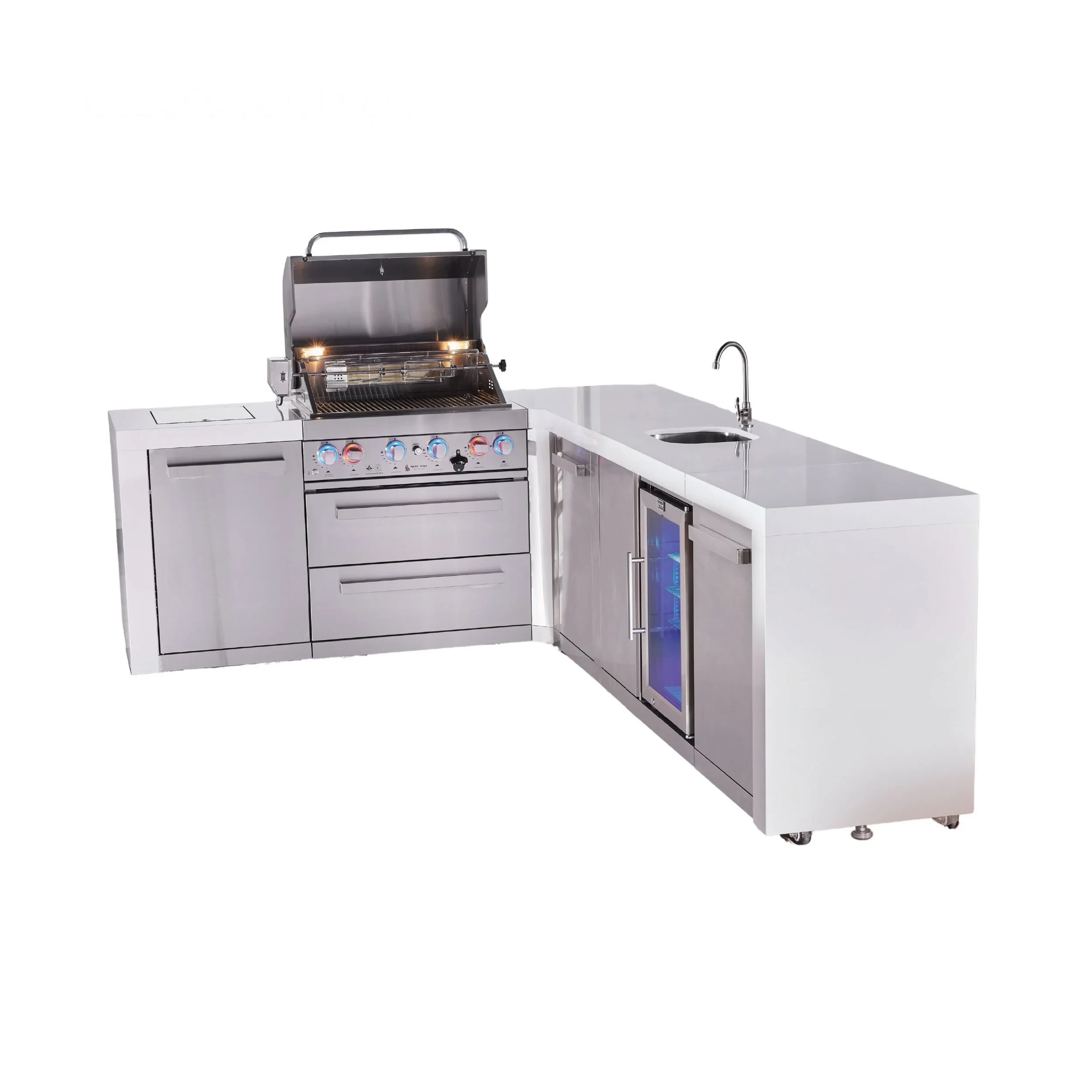 4-burner L-shaped Deluxe Series Outdoor Kitchen Island With Beverage Center And Extra Storage Cabinet Module MAI400D90BEVXL