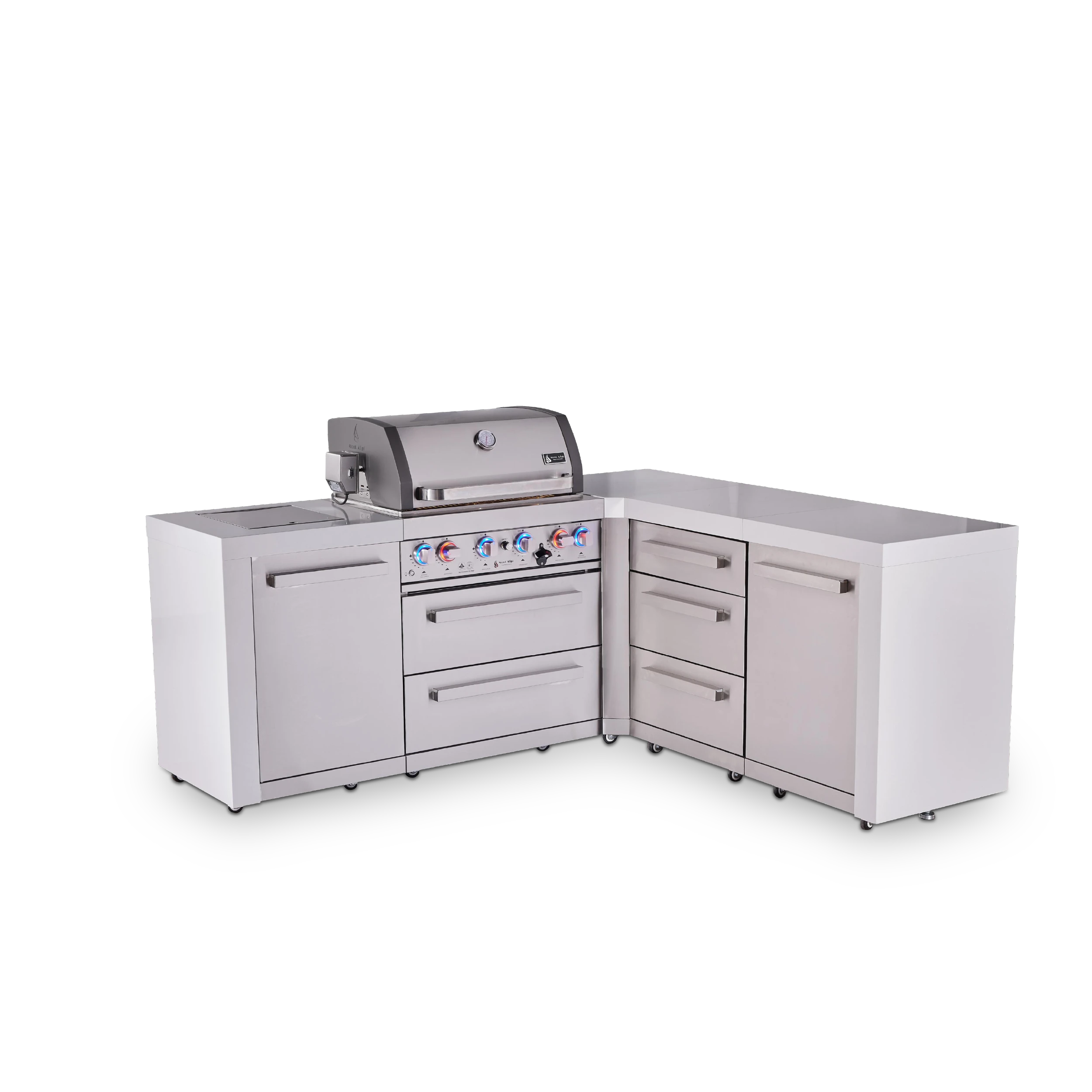 4-burner L-shaped Deluxe Series Outdoor Kitchen Island With Extra Drawer Slides Cabinet Module MAI400D90DR
