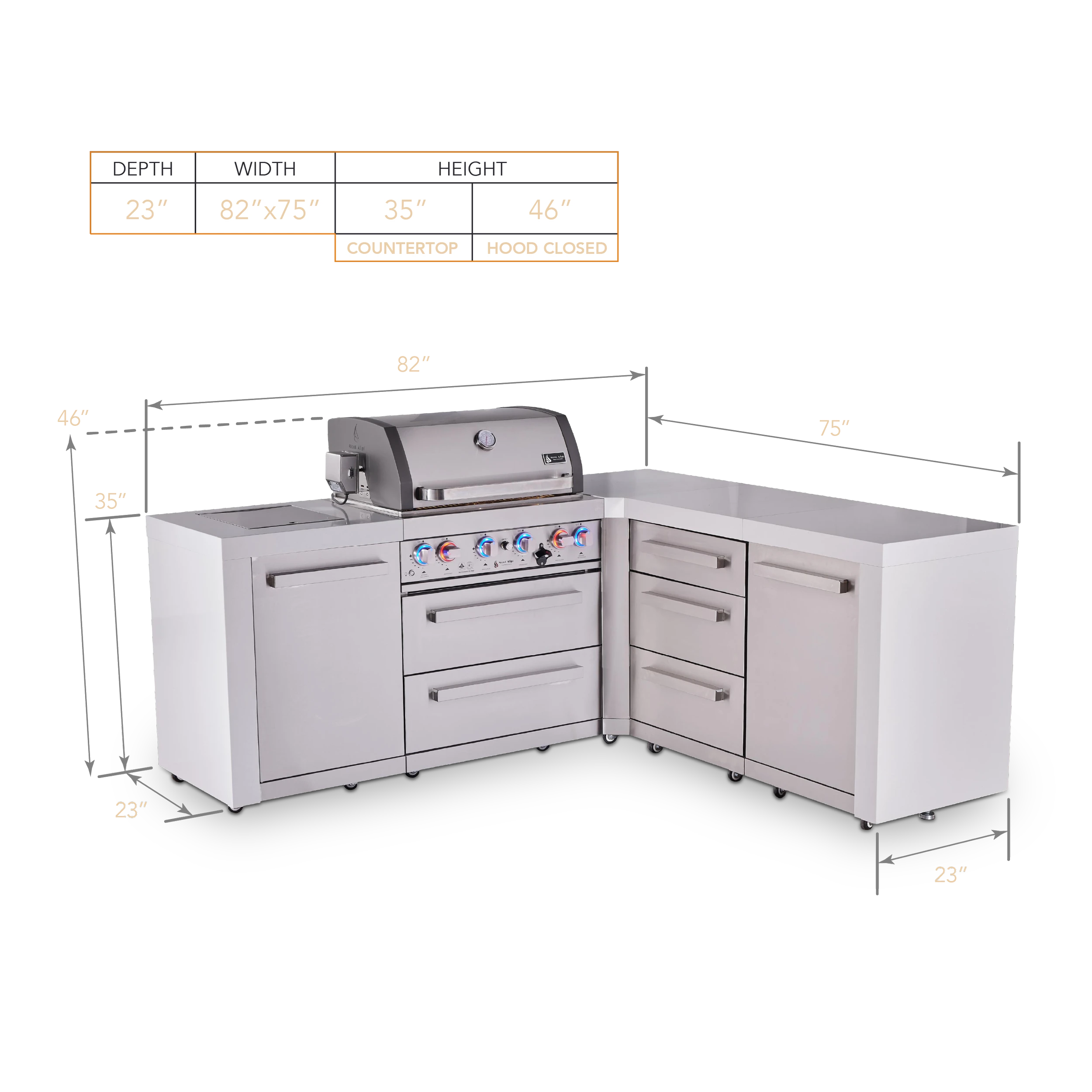 4-burner L-shaped Deluxe Series Outdoor Kitchen Island With Extra Drawer Slides Cabinet Module MAI400D90DR