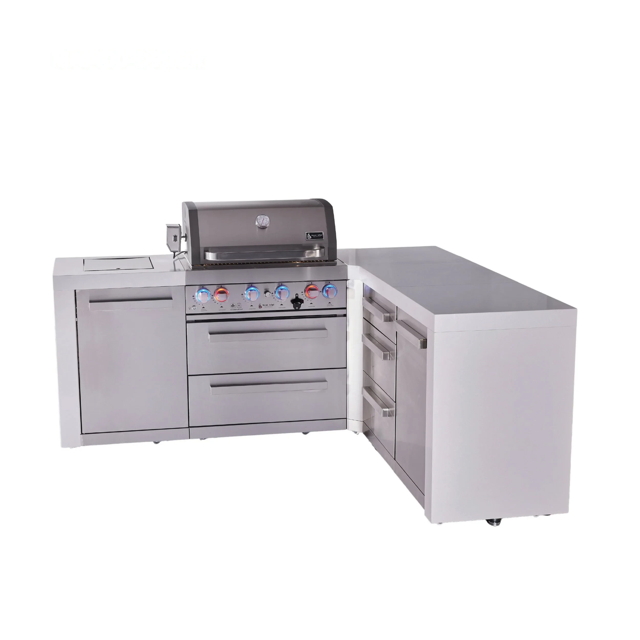 4-burner L-shaped Deluxe Series Outdoor Kitchen Island With Extra Drawer Slides Cabinet Module MAI400D90DR