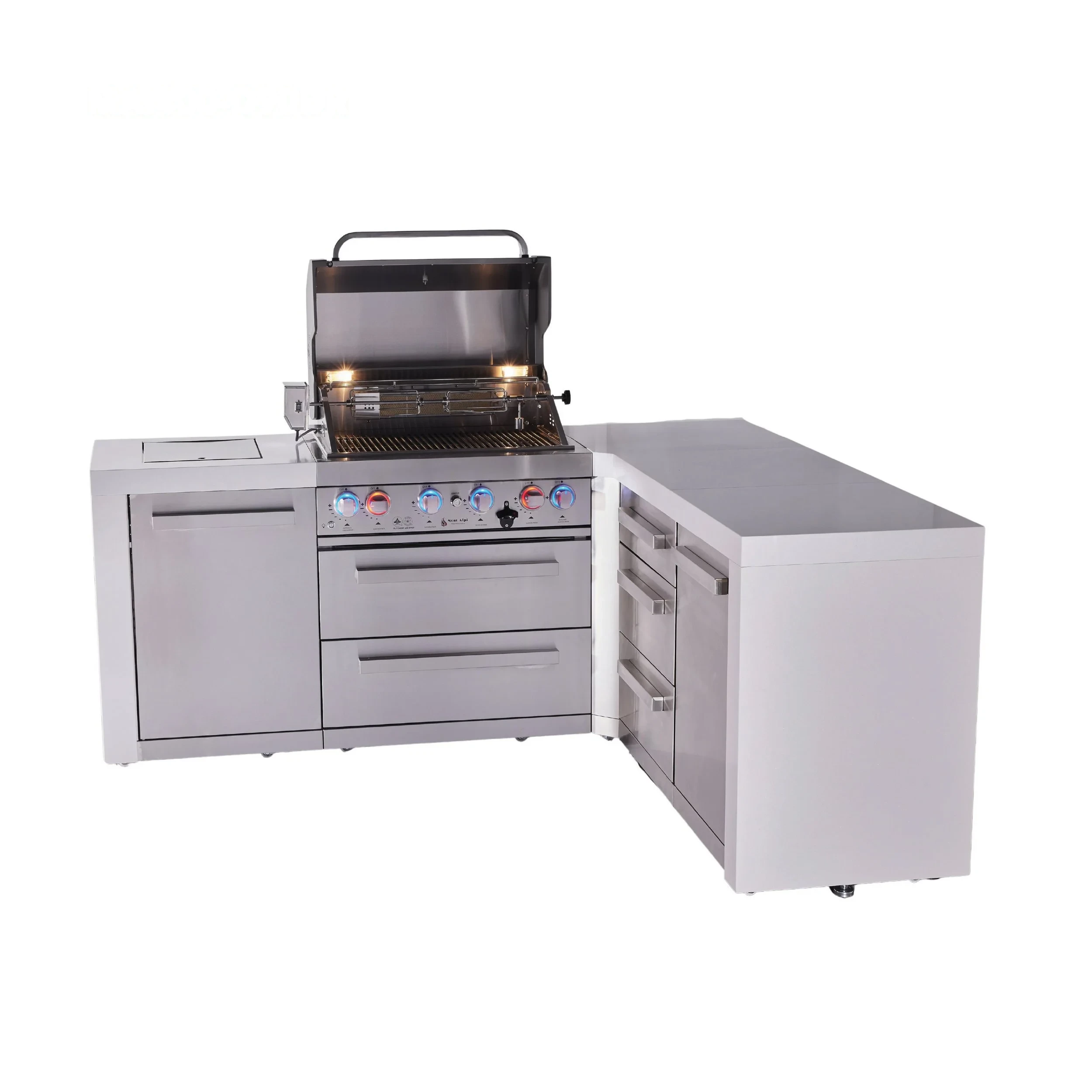 4-burner L-shaped Deluxe Series Outdoor Kitchen Island With Extra Drawer Slides Cabinet Module MAI400D90DR