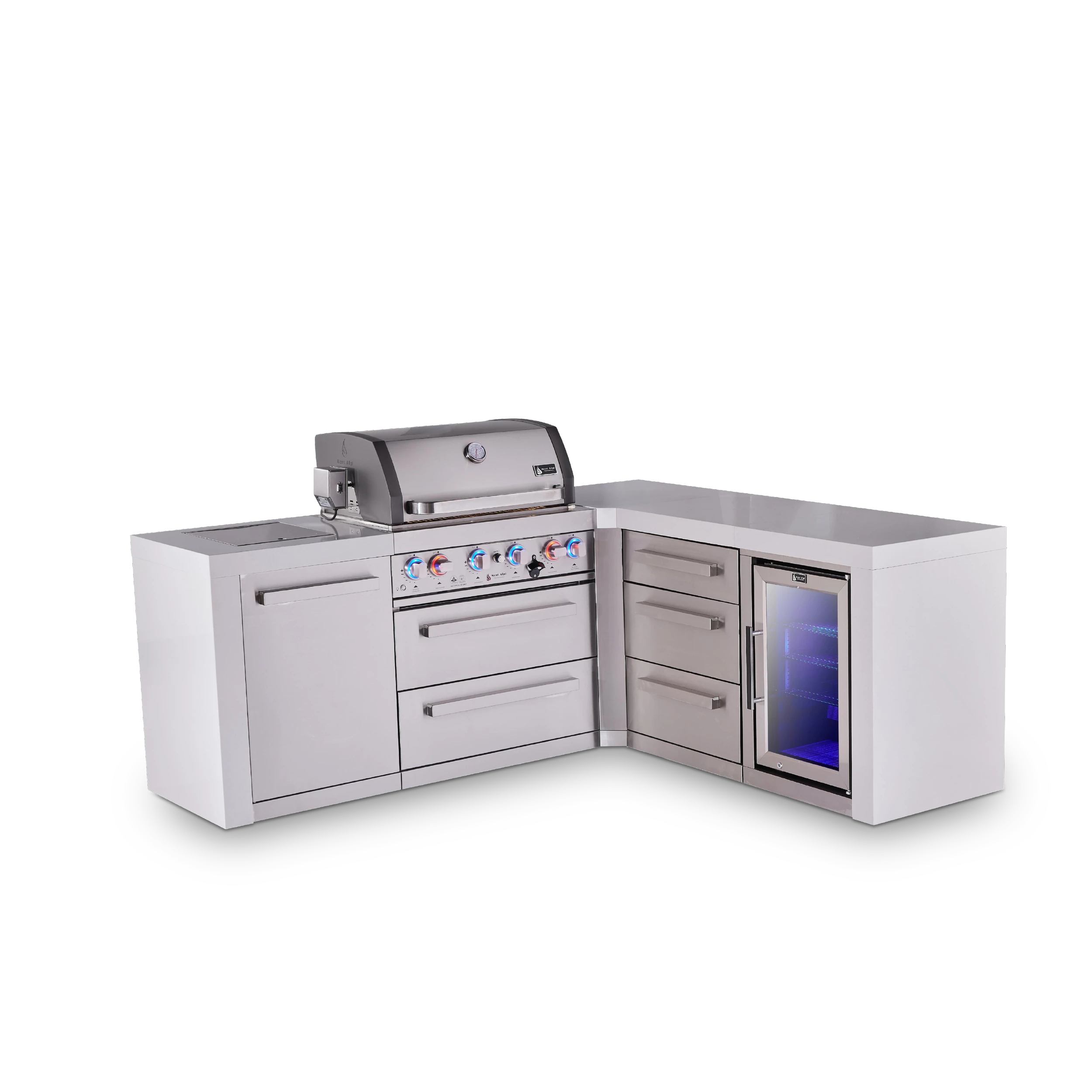 4-burner L-shaped Deluxe Series Outdoor Kitchen Island With Corner Fridge And Extra Drawer Slides Cabinet Module MAI400D90FCDR