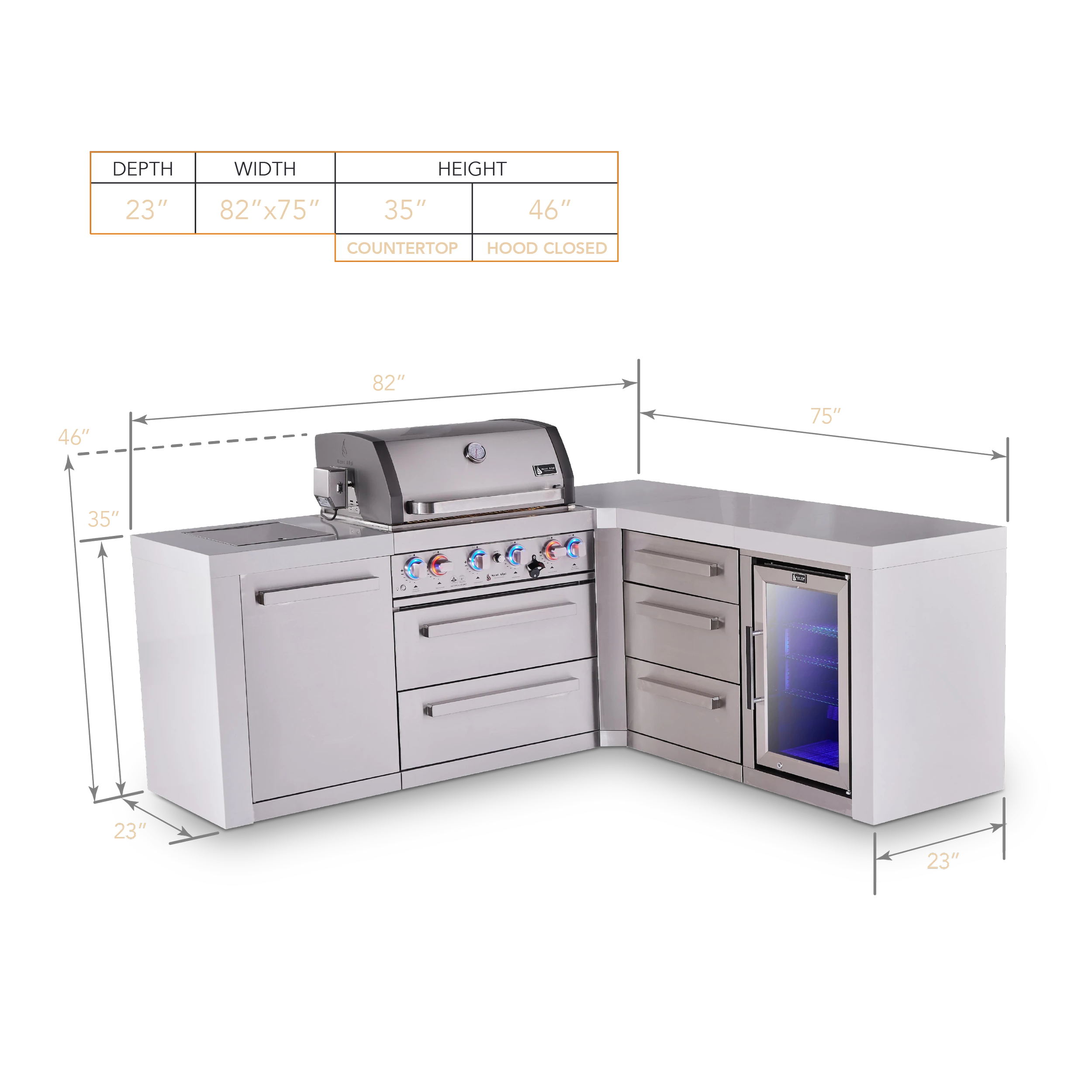 4-burner L-shaped Deluxe Series Outdoor Kitchen Island With Corner Fridge And Extra Drawer Slides Cabinet Module MAI400D90FCDR
