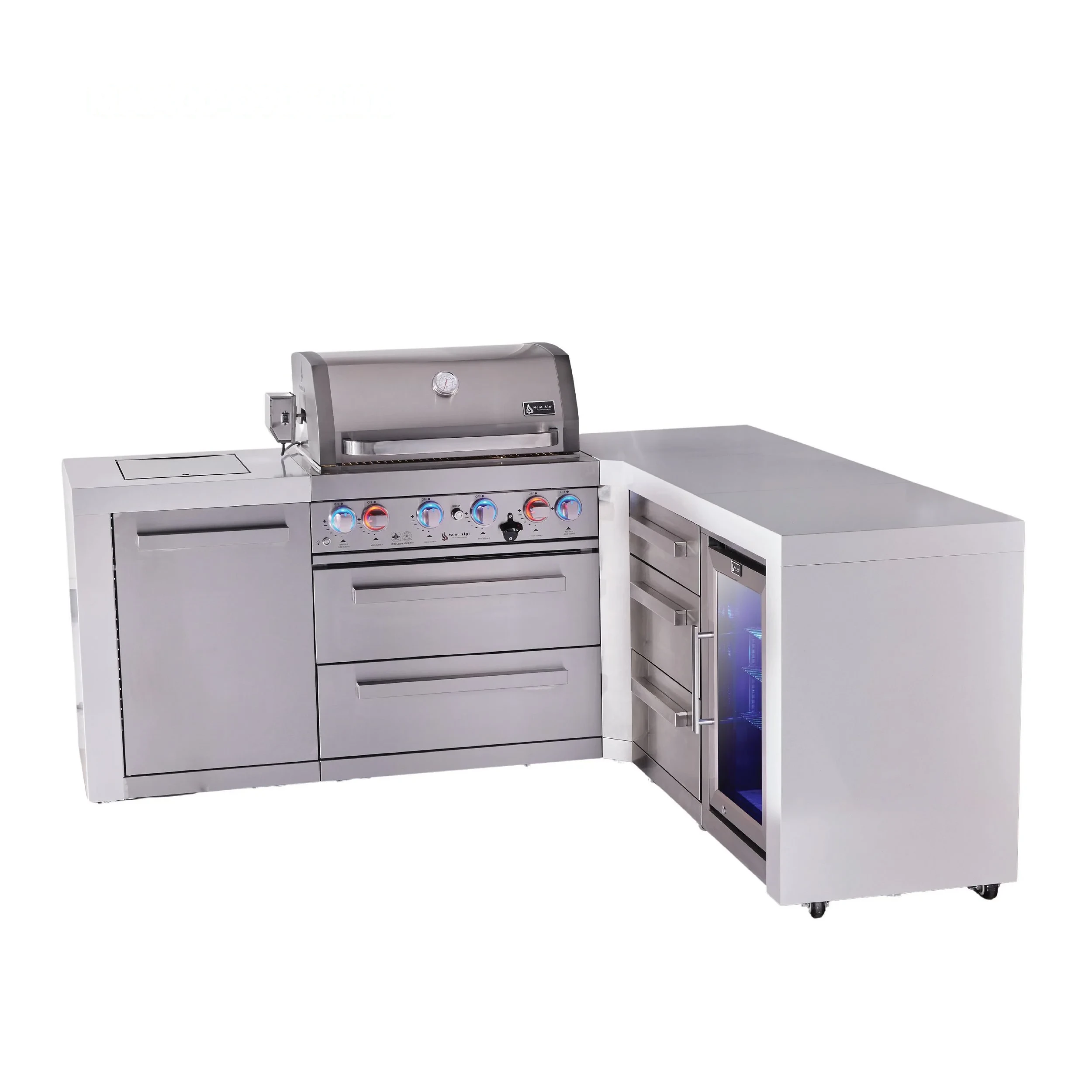 4-burner L-shaped Deluxe Series Outdoor Kitchen Island With Corner Fridge And Extra Drawer Slides Cabinet Module MAI400D90FCDR