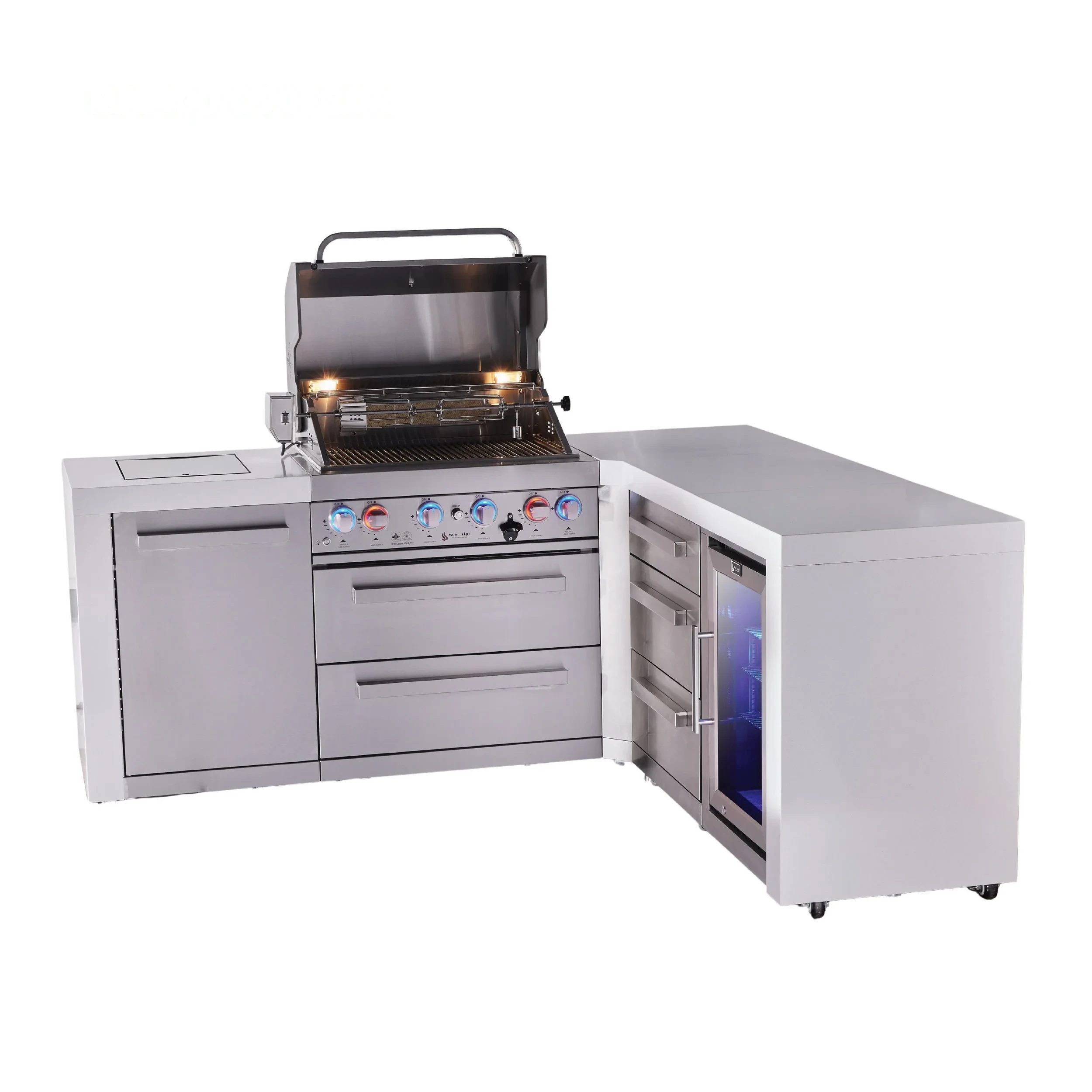 4-burner L-shaped Deluxe Series Outdoor Kitchen Island With Corner Fridge And Extra Drawer Slides Cabinet Module MAI400D90FCDR