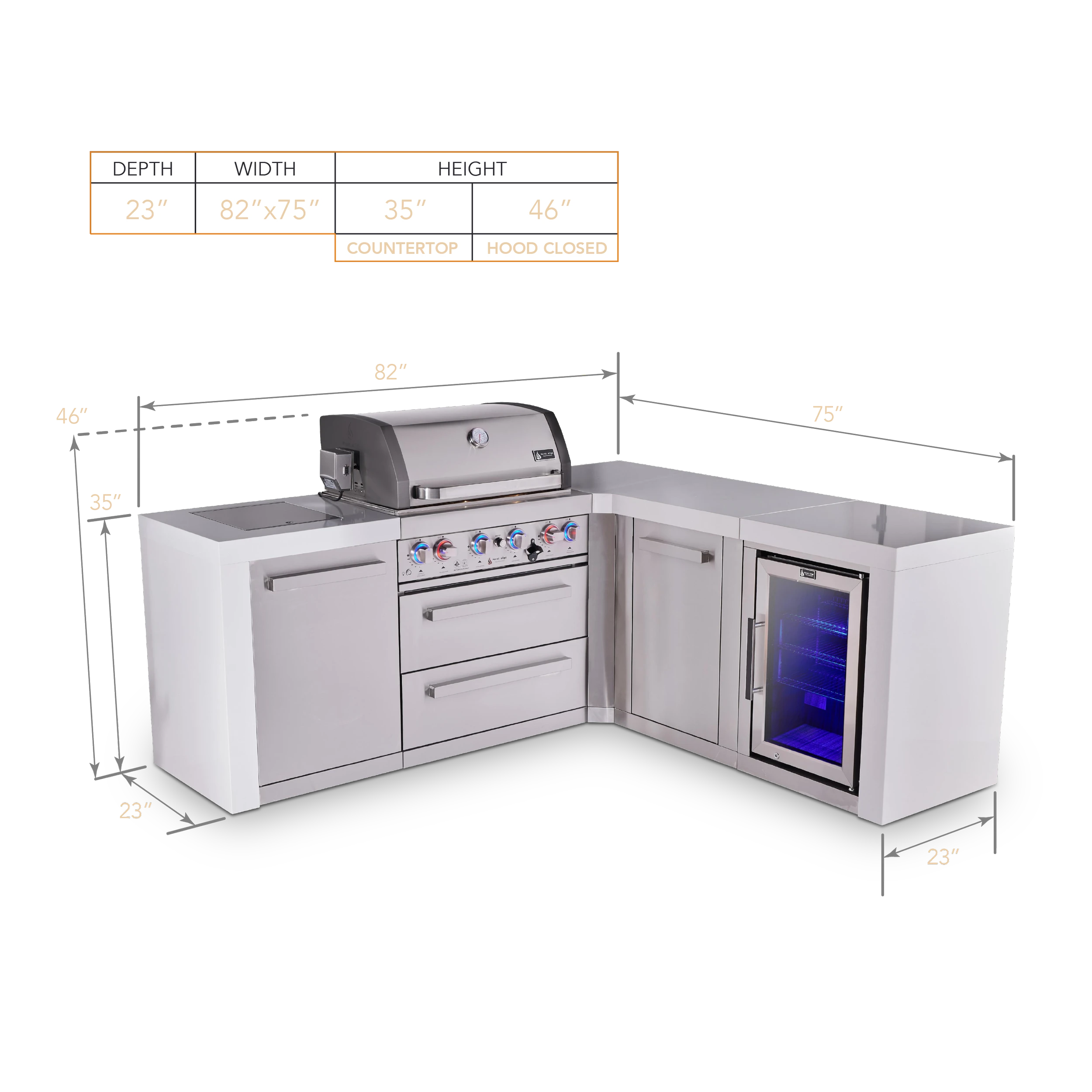 4-burner L-shaped Deluxe Series Outdoor Kitchen Island With Fridge And Extra Storage Cabinet Module MAI400D90FCXL