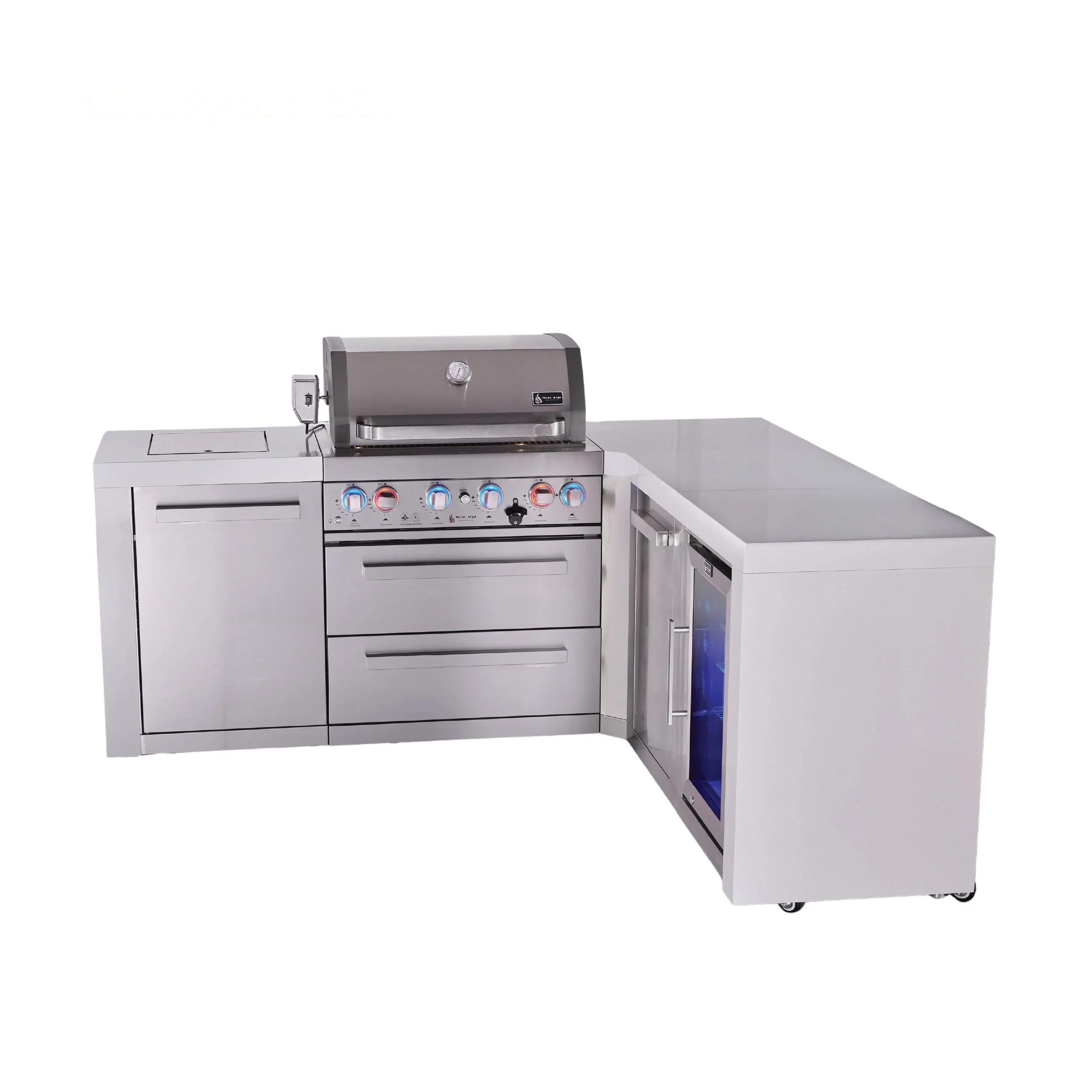 4-burner L-shaped Deluxe Series Outdoor Kitchen Island With Fridge And Extra Storage Cabinet Module MAI400D90FCXL