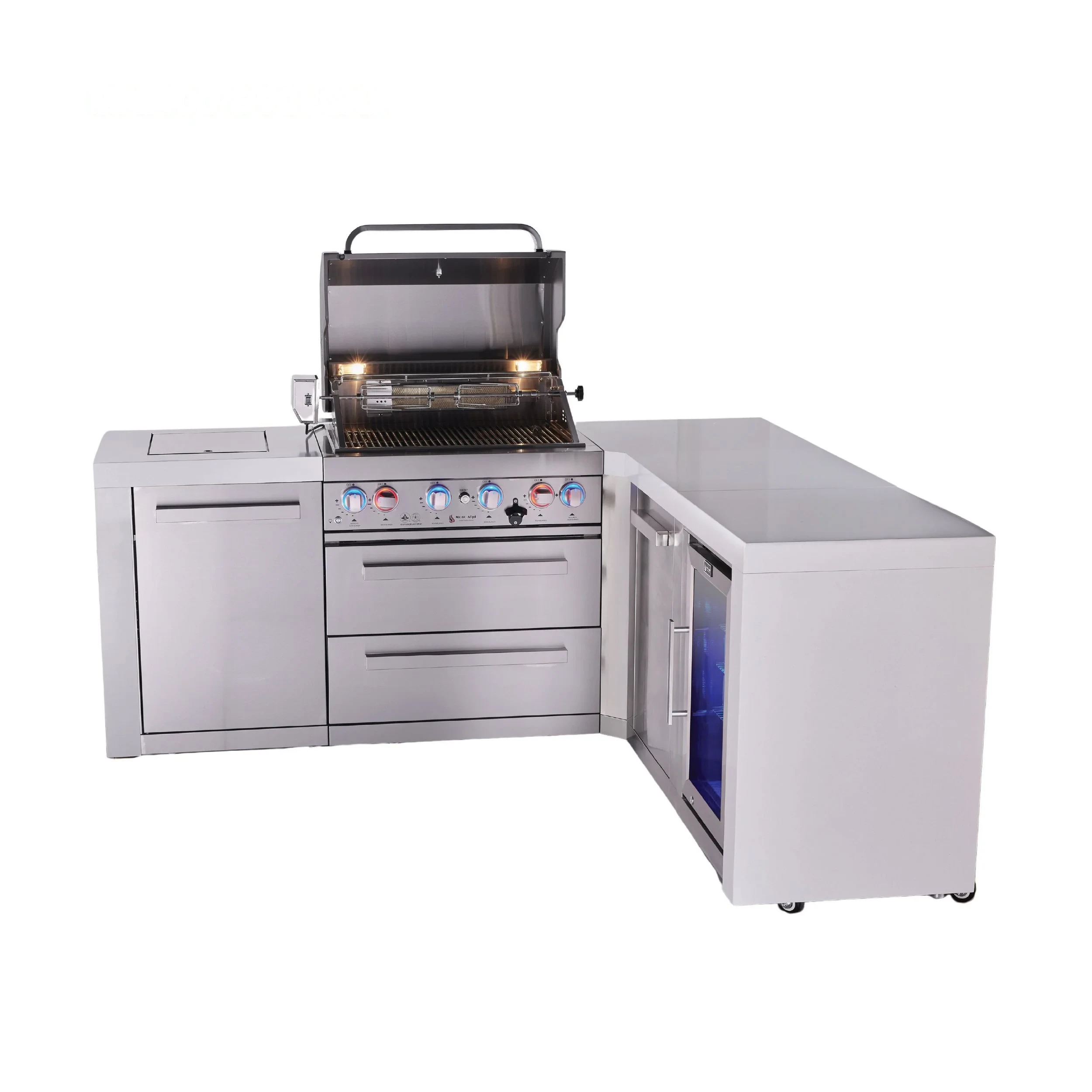 4-burner L-shaped Deluxe Series Outdoor Kitchen Island With Fridge And Extra Storage Cabinet Module MAI400D90FCXL