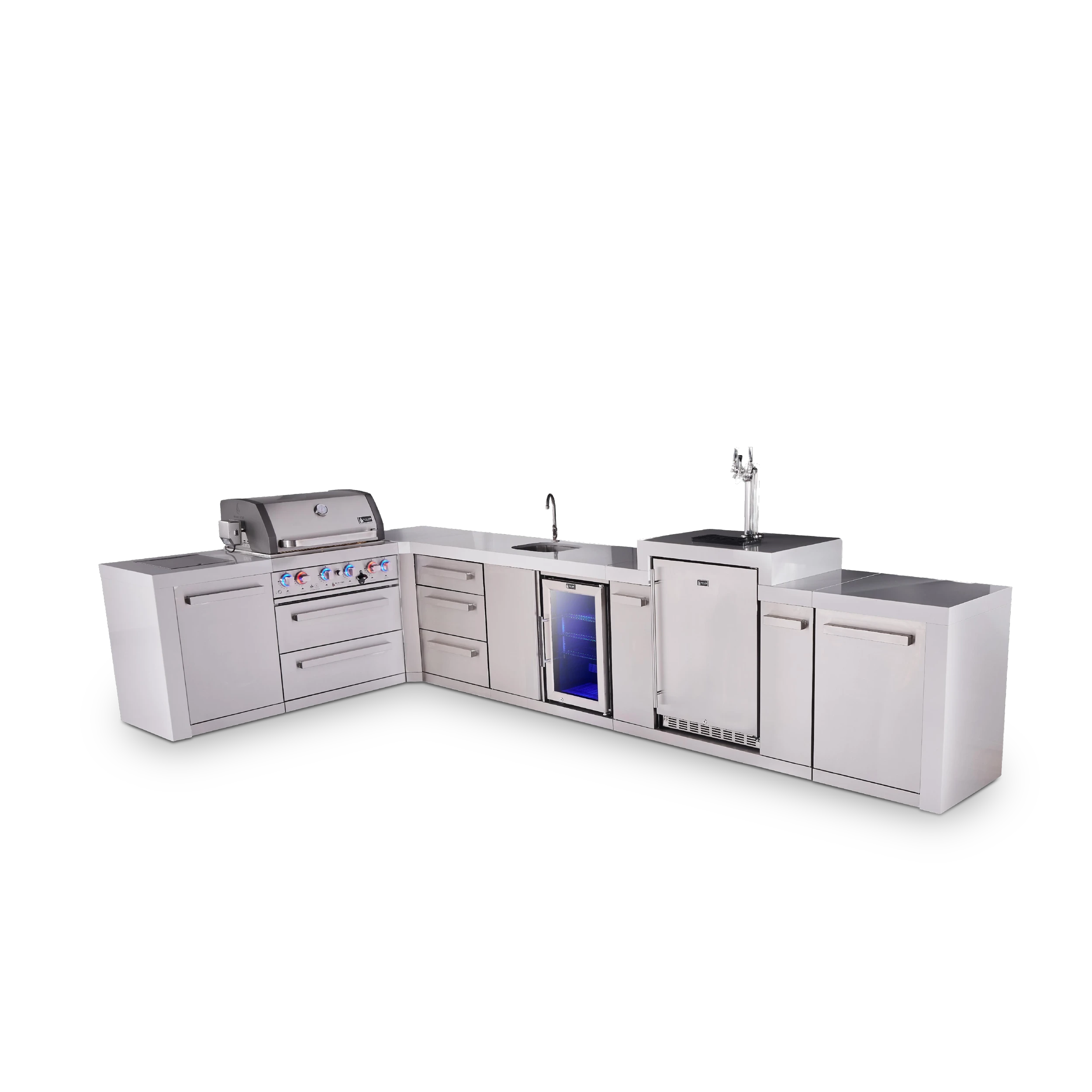 4-burner L-shaped Deluxe Series Outdoor Kitchen Island With Beverage Center, Kegerator And Extra Drawer Slides Cabinet MAI400D90KEGBEVDR